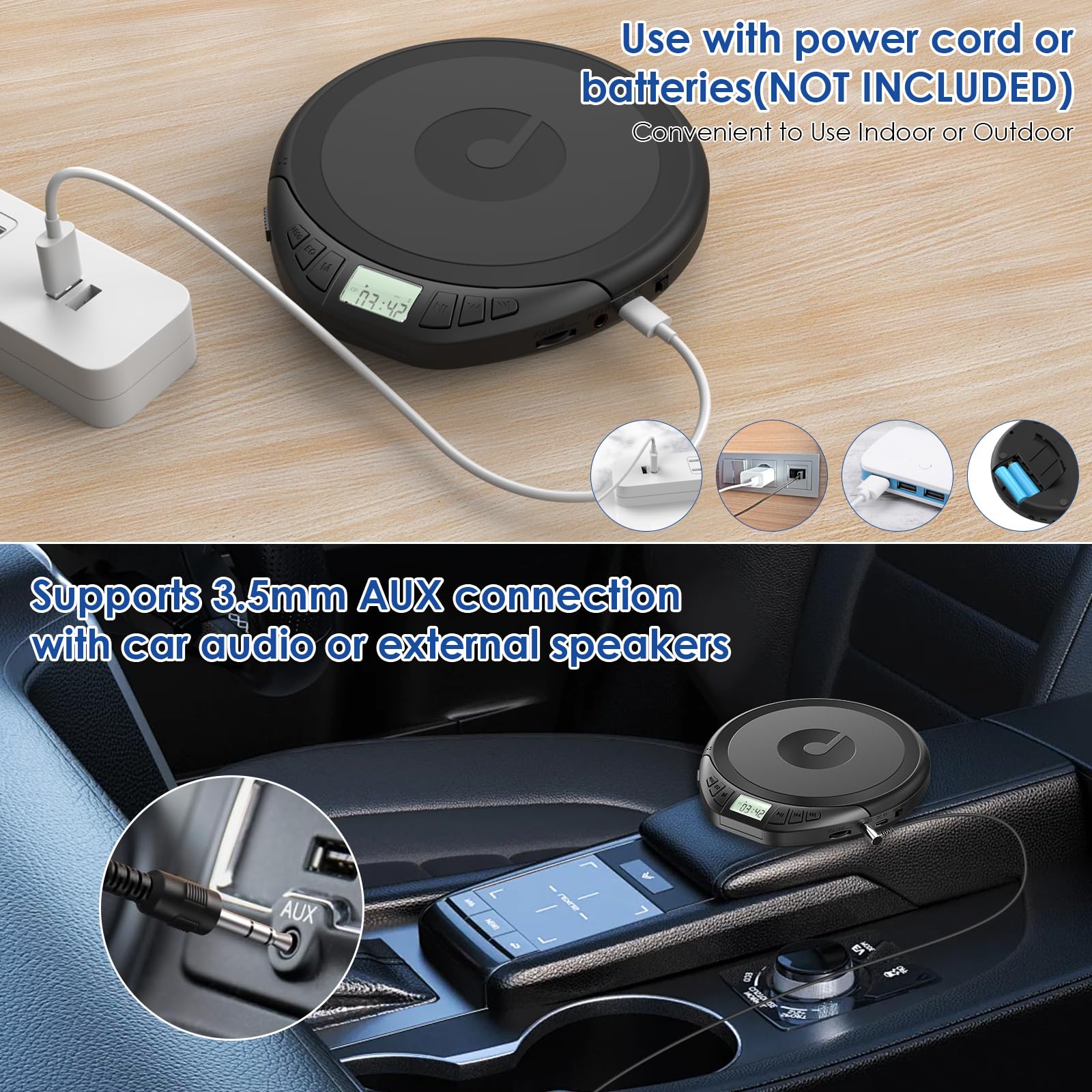 Gueray CD Player Portable CD Walkman: with Earphones Portable CD Player for Car with Anti-Skip Shockproof Personal CD Player with LCD Display Support PROG Memory Function Repeat Playback Sound Black - Image 5