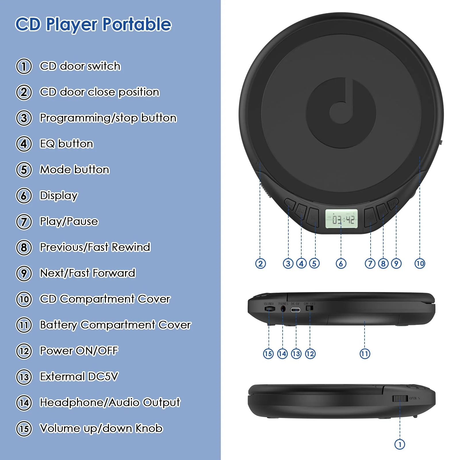 Gueray CD Player Portable CD Walkman: with Earphones Portable CD Player for Car with Anti-Skip Shockproof Personal CD Player with LCD Display Support PROG Memory Function Repeat Playback Sound Black - Image 8
