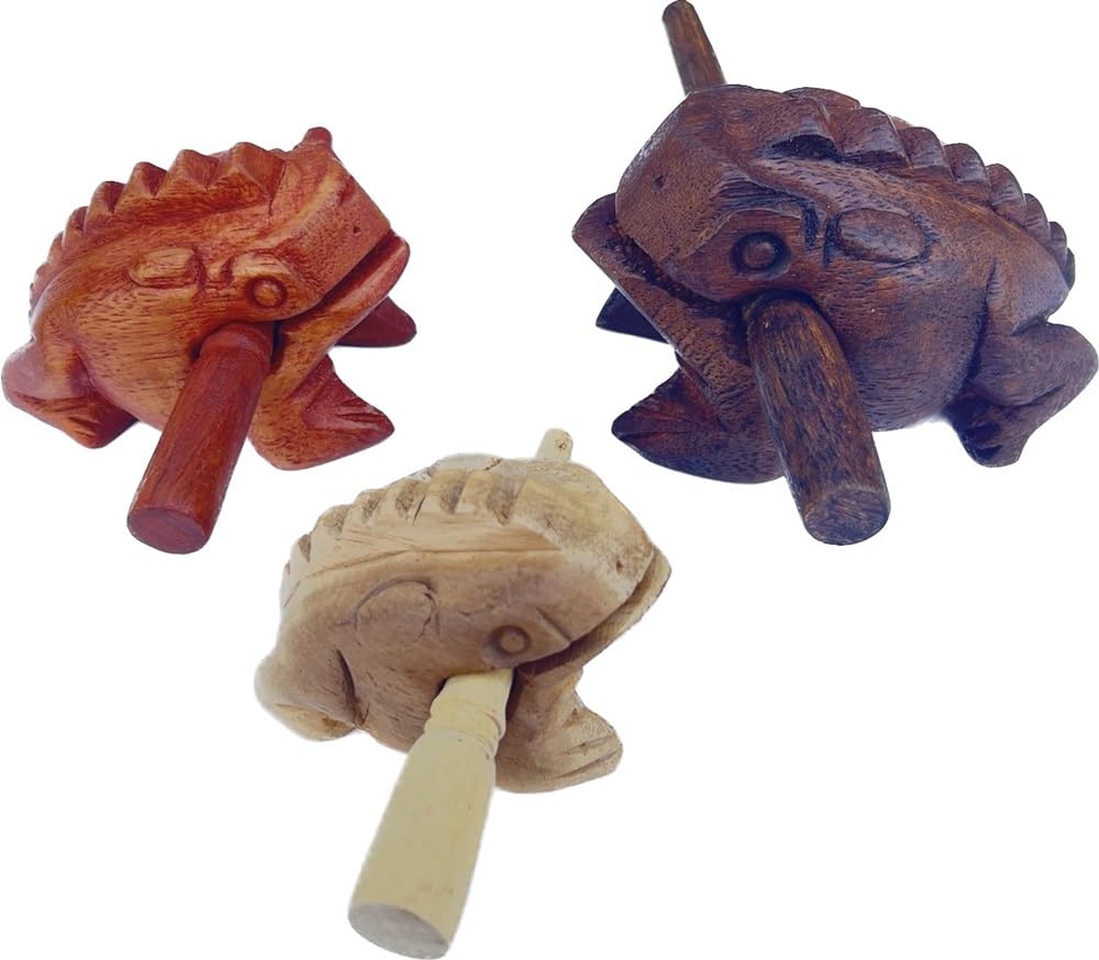 Guiros Percussion Instruments Wooden Frog Musical Instrument Set of 3 Frogs: 4 Inch, 3 Inch, and 2.25-2.75 Inch (Dark Brown/Brown/Natural Colors) Dark Brown/Brown/Natural Colors