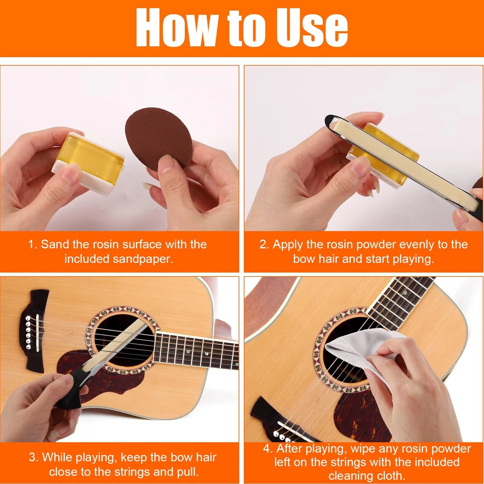 Guitar Bow Kit, 2-in-1 Horsehair Aluminum Alloy Guitar Bow Pick with Rosin Sandpaper Cloth Fun Acoustic Instrument Playing Tools Create Violin & Cello Sounds Creative Gift for Music Lover - Image 4
