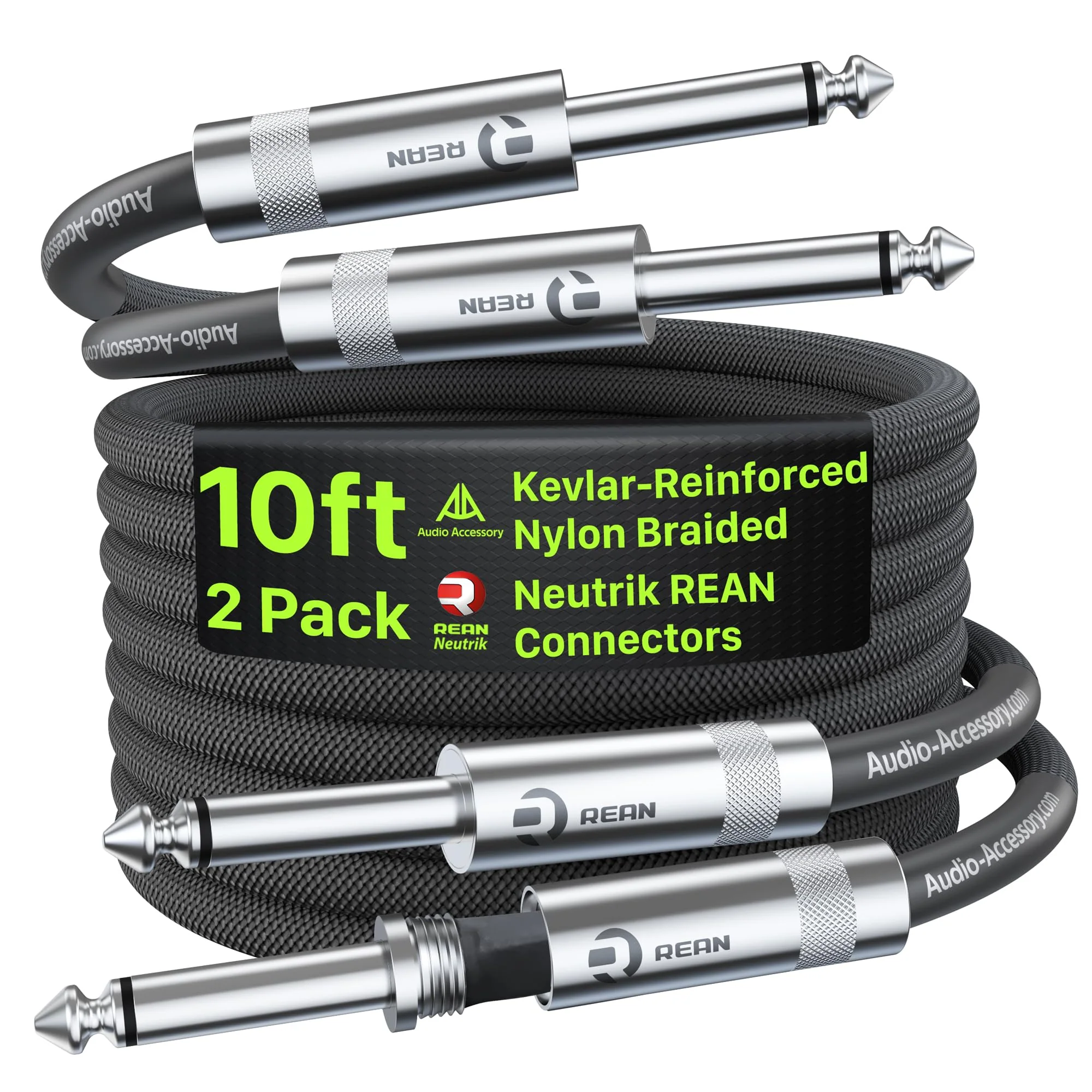 Guitar Cable 10 ft 2 Pack, Nylon Braided Anti-Kinking Kevlar-Reinforced, Neutrik REAN Connector, 20 Gauge 99.99% OFC 1/4 Instrument Cable, AL & OFC Dual Shielded Amp Cord for Fender Electric Guitar 10 ft, 2 Pack Straight, Rean Black