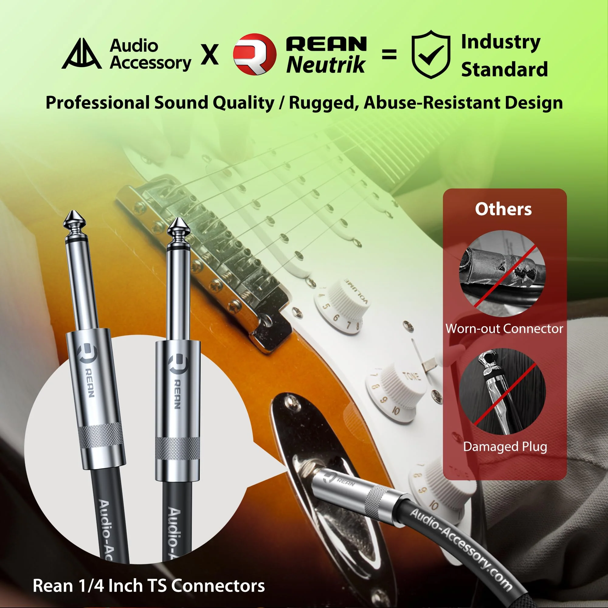 Guitar Cable 10 ft 2 Pack, Nylon Braided Anti-Kinking Kevlar-Reinforced, Neutrik REAN Connector, 20 Gauge 99.99% OFC 1/4 Instrument Cable, AL & OFC Dual Shielded Amp Cord for Fender Electric Guitar 10 ft, 2 Pack Straight, Rean Black - Image 5