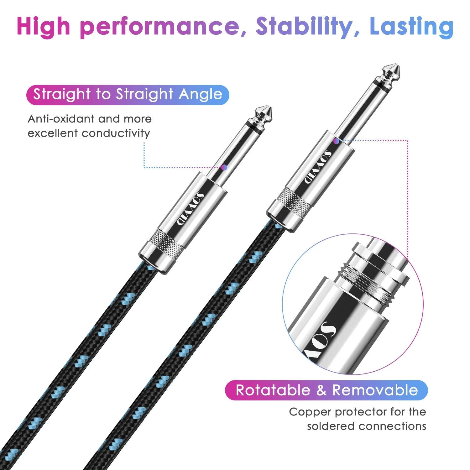 Guitar Cable 10FT Professional Instrument Cable Electric Guitar AMP Cord 1/4inch TS Cable for Guitar Bass Mandolin Keyboard and Pro Audio Straight Angle Black Blue - Image 4