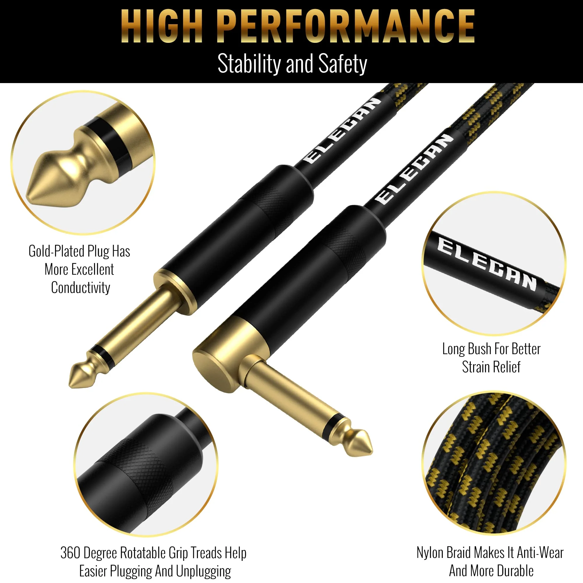 Guitar Cable 4 Feet/2 Pack-Right Angle+Straight to Straight Instrument Cable-Gold Plated Nylon Braided-90 Degree 1/4 Inch TS Electric Bass Guitar Cord Amp Cable 6.35mm Male with 6 Guitar Picks+5 Ties 4FT-2PK Angled to Straight + Straight to Straight - Image 2
