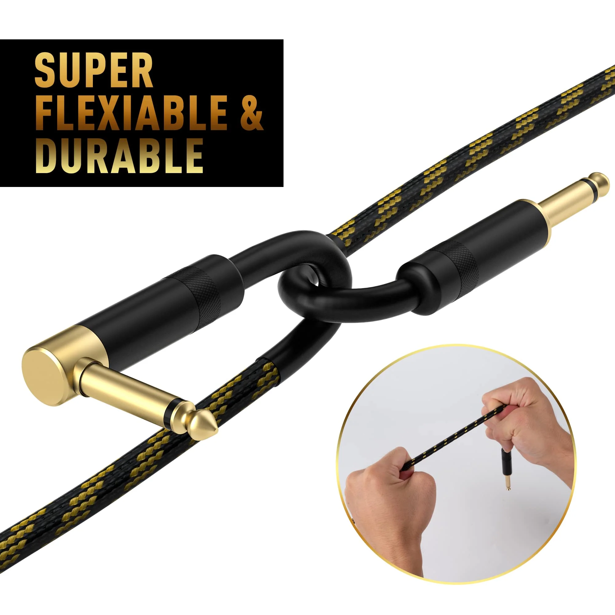 Guitar Cable 4 Feet/2 Pack-Right Angle+Straight to Straight Instrument Cable-Gold Plated Nylon Braided-90 Degree 1/4 Inch TS Electric Bass Guitar Cord Amp Cable 6.35mm Male with 6 Guitar Picks+5 Ties 4FT-2PK Angled to Straight + Straight to Straight - Image 4