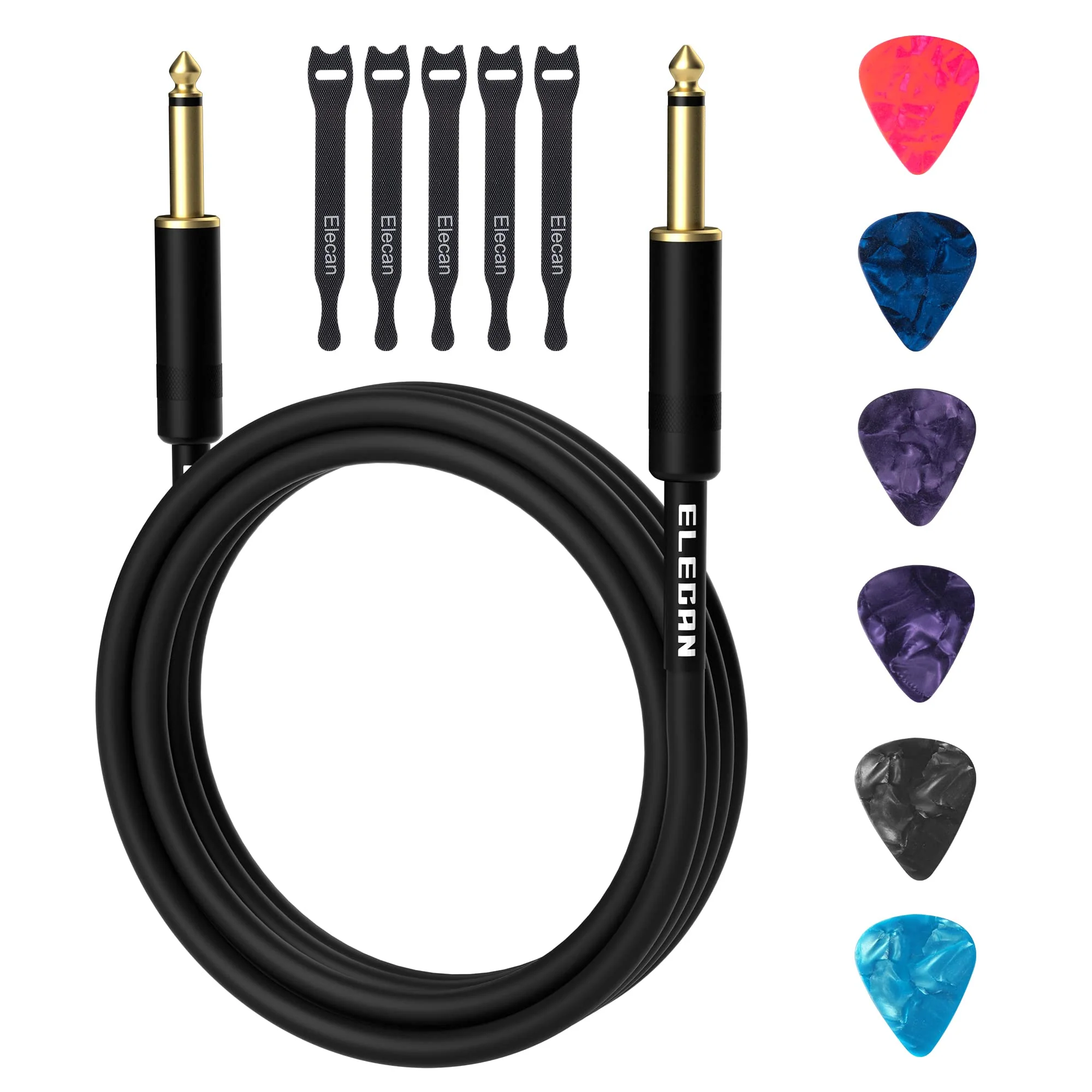 Guitar Cable 50 Feet -Straight to Straight Instrument Cable-Gold Plated-1/4 Inch TS Professional Electric Bass Guitar Cord Amp Cable 6.35mm Male PVC Jacket with 6 Guitar Picks+5 Ties 50FT-1PK Straight to Straight