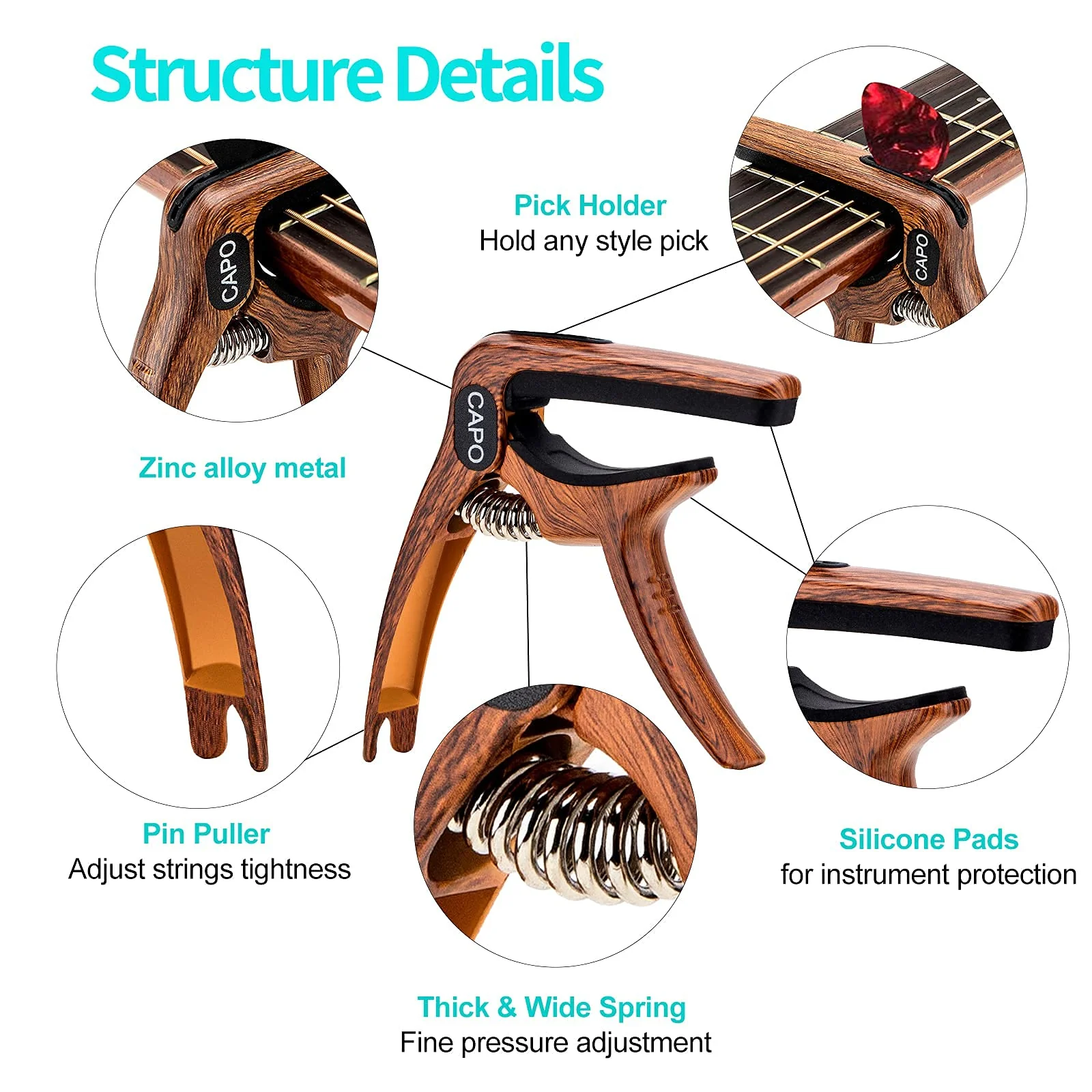 Guitar Capo, 3-in-1 multifunction capo for Acoustic and Electric Guitars (Free bonus 4 picks) with Pick Holder and Pin Puller, Guitar Accessories, wood grain color - Image 3