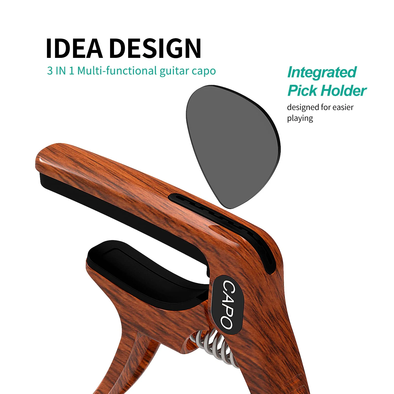 Guitar Capo, 3-in-1 multifunction capo for Acoustic and Electric Guitars (Free bonus 4 picks) with Pick Holder and Pin Puller, Guitar Accessories, wood grain color - Image 4