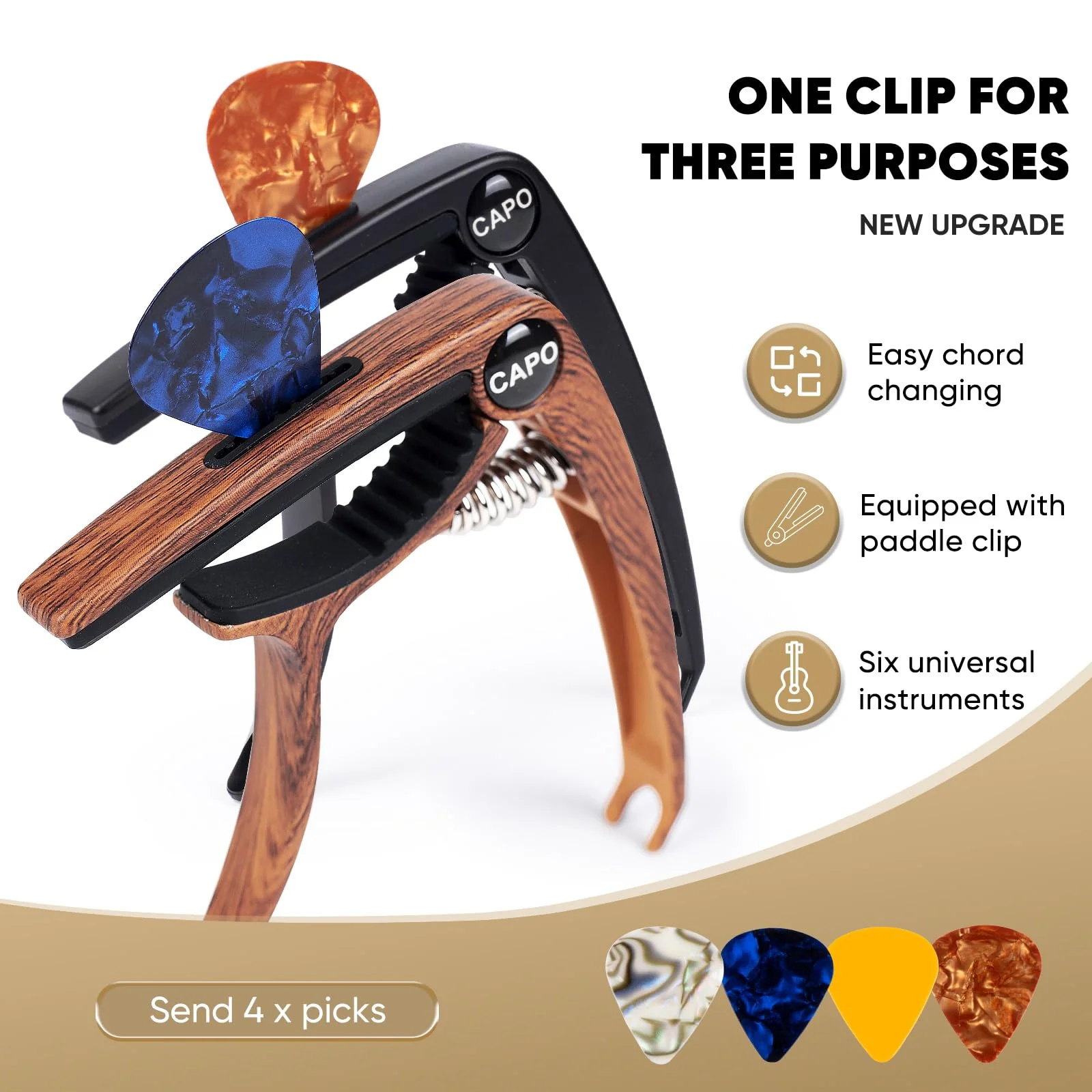 Guitar Capo, 3in1 Zinc Metal Capo for Acoustic and Electric Guitars (with Pick Holder and 4Picks),Ukulele,Mandolin,Banjo,Guitar Accessories (Black) black - Image 2