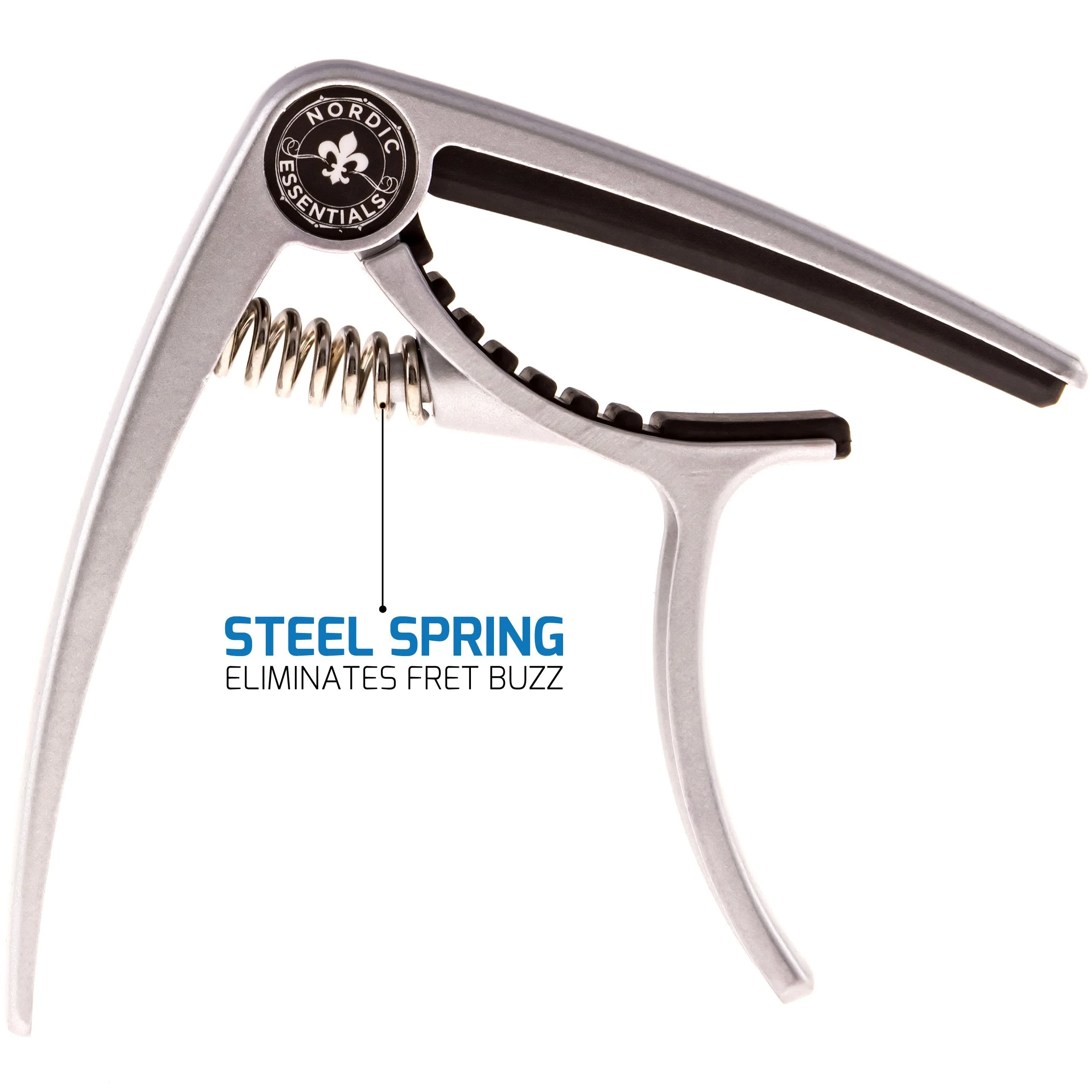 Guitar Capo Deluxe for Acoustic Guitars, Ukulele, Banjo, Mandolin, Bass - Made of Premium Quality Zinc Alloy for 6 & 12 String Instruments - Luxury Accessories by Nordic Essentials Classy Matte Silver - Image 5