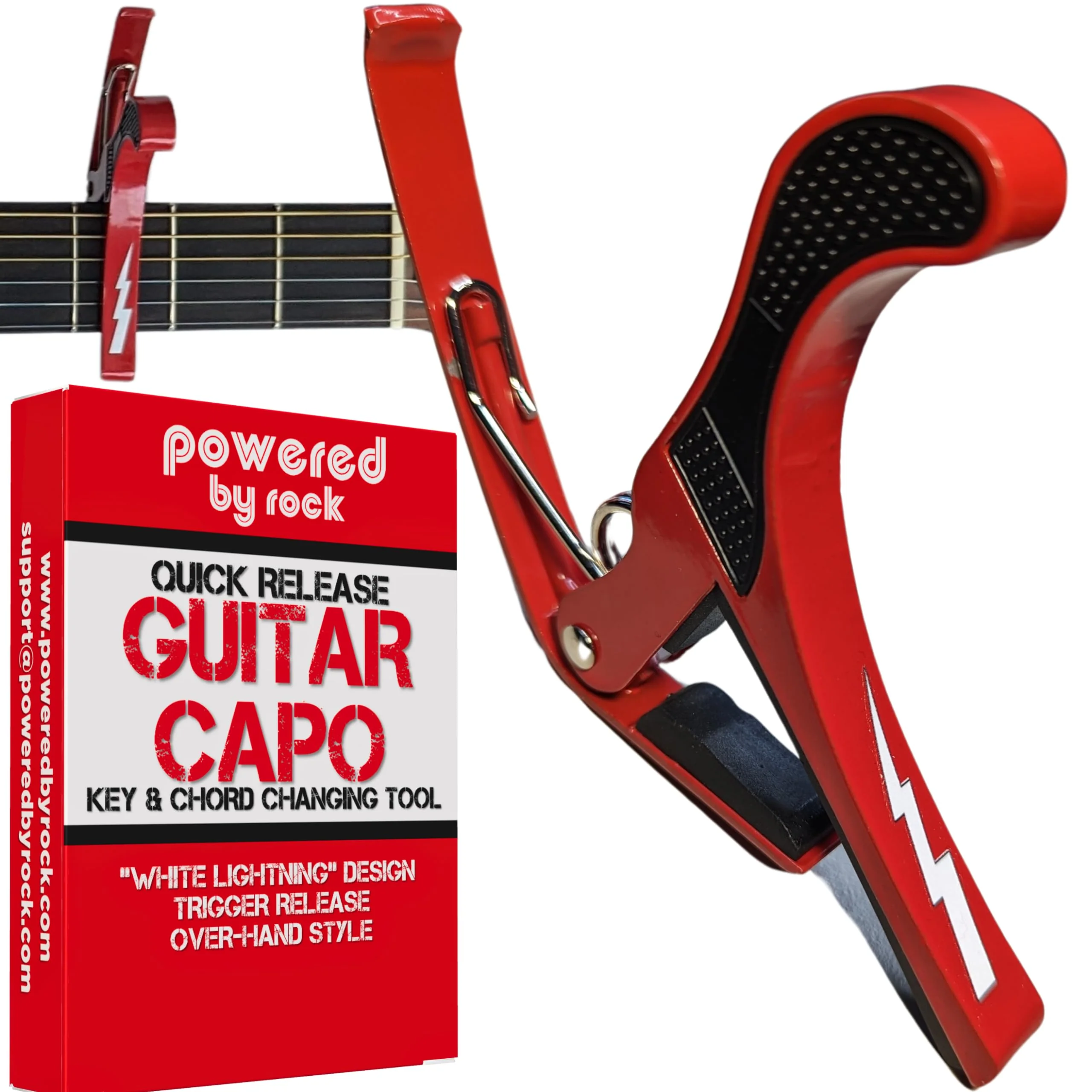 Guitar Capo for Acoustic and Electric Guitars - Guitar Accessory to Instantly Change Key & Chord - Quick Release, Spring Action Grabber - White Lightning Design