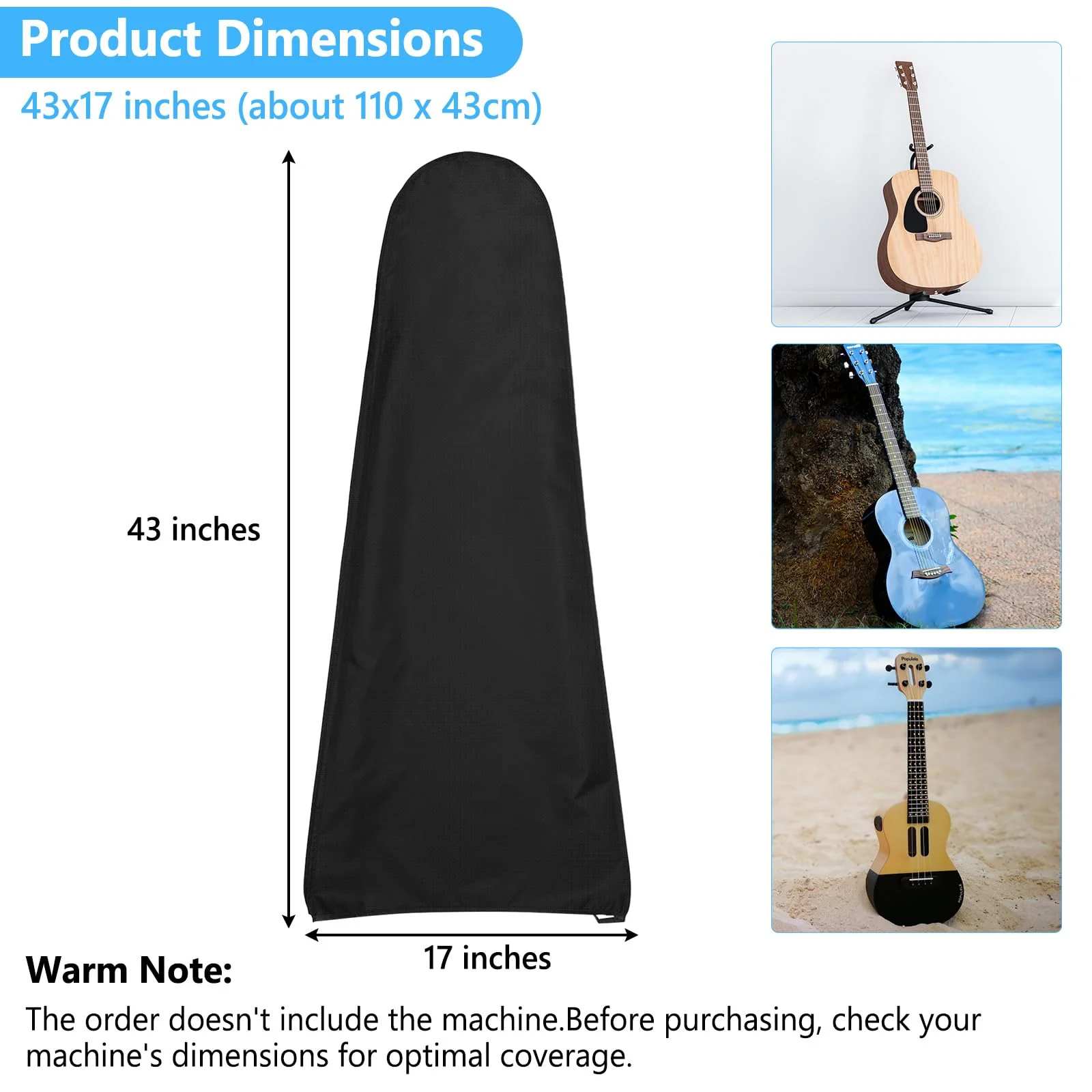 Guitar Dust Cover Protective and Storage for Acoustic Electric and Bass Guitars from Sun Dust Dirt UV Rays Moisture Water Resistant Oxford Fabrics 17"L x 5"W x 43"H Black 43 x 17 x 5 inches - Image 2