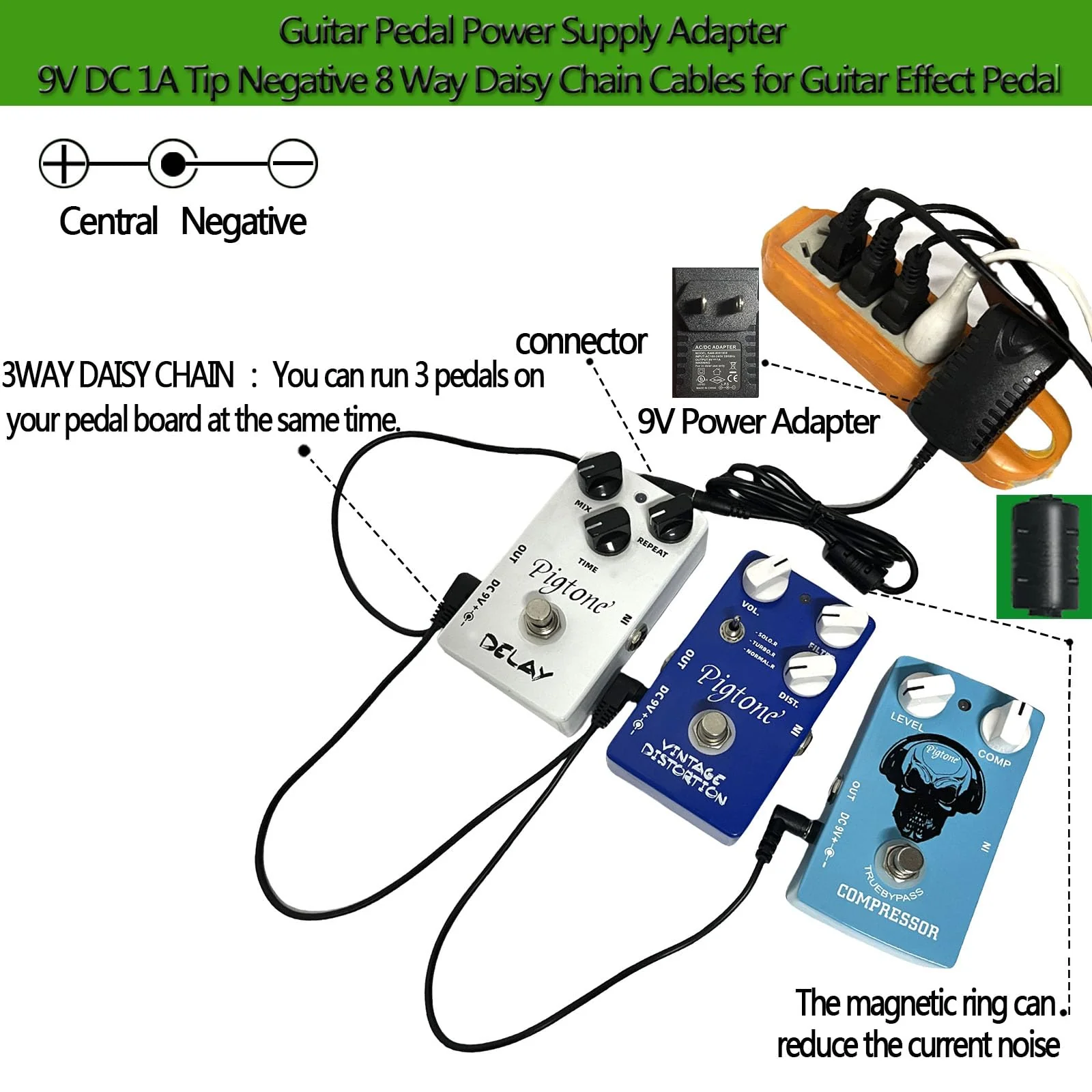 Guitar Effects Power Adapter 9V DC 1A (1000mA) Low Noise with Daisy Chain (9V1A Adapter + 3-Way Cable) - Image 4