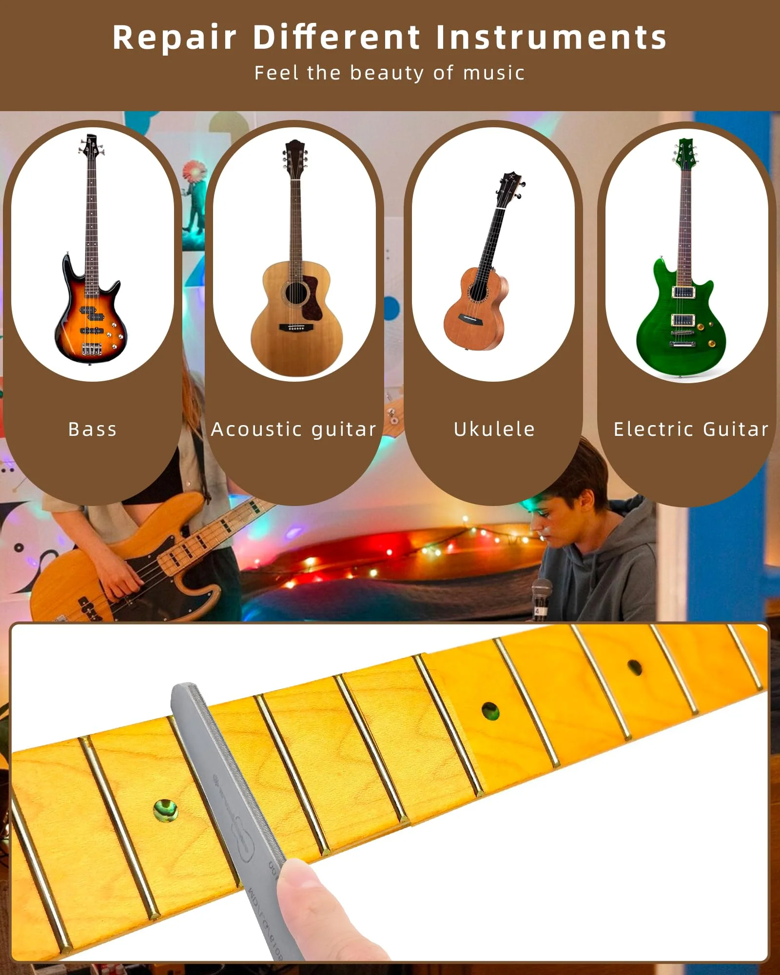 Guitar Fret File, Double-Side Fret Crowning File, Professional High Carbon Steel Design Fret File for Electric, Acoustic and Bass Guitars - MD, LG, XL Frets with Clean brush fret file with clean brush - Image 6