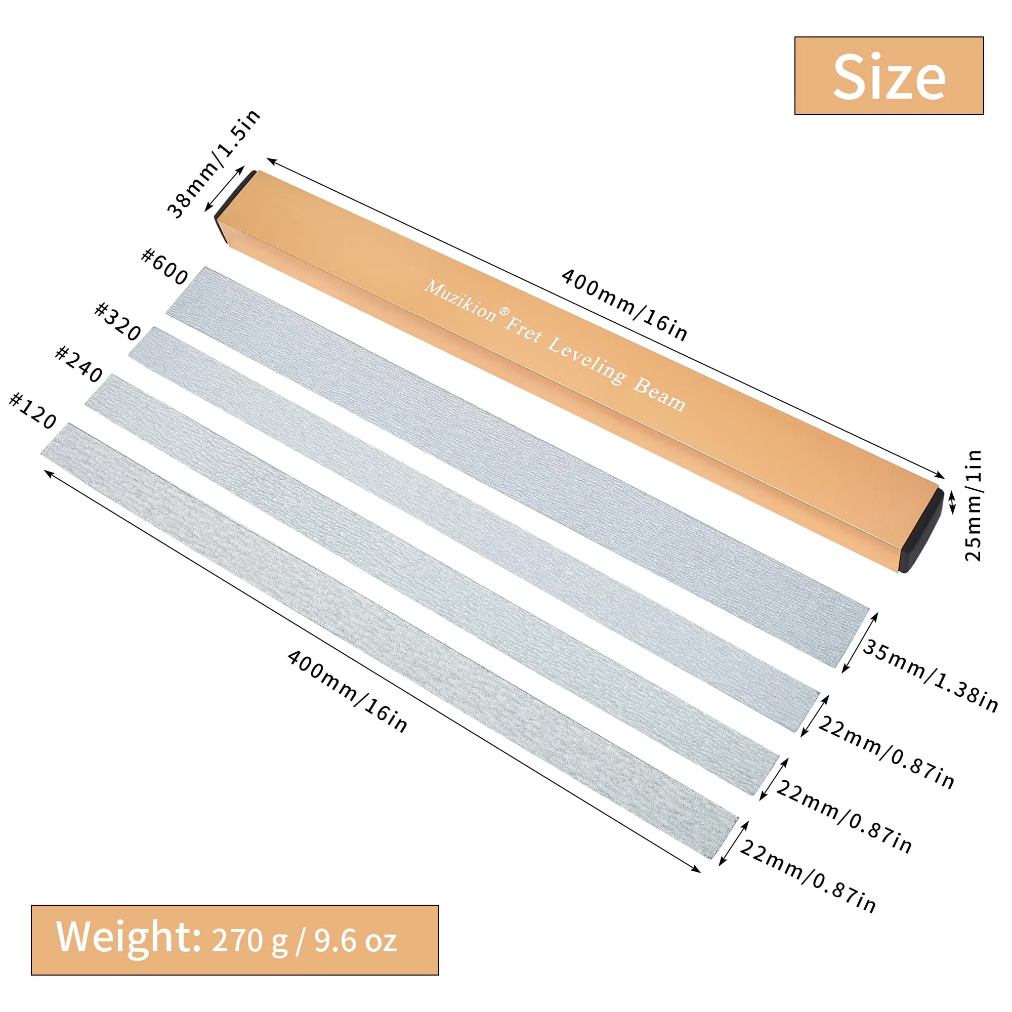 Guitar Fret Leveling Beam, 16 Inch Fret Leveler Sanding Beam, Professional Luthier Fretboard Leveling File Block Repair Tool with 3 Sets of 120/240/320/600 Grit Replacement Sandpaper Gold - Image 7