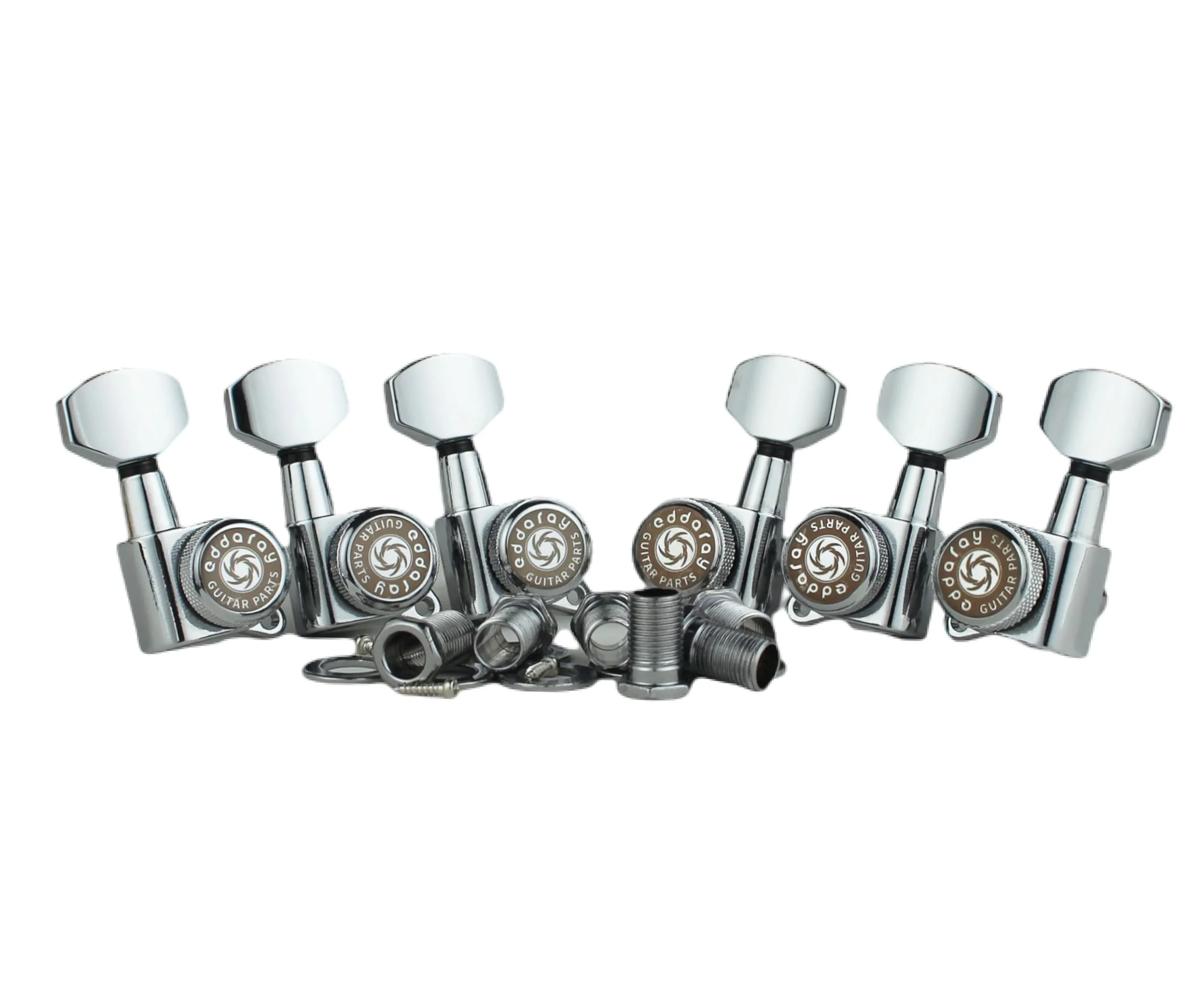Guitar Locking Tuners (3R + 3L) – 1:18 Gear Ratio Lock String Tuning Key Pegs Machine Heads Set with Hexagonal Shaped Knob Replacement, (E-107SP, Chrome) 3R + 3L