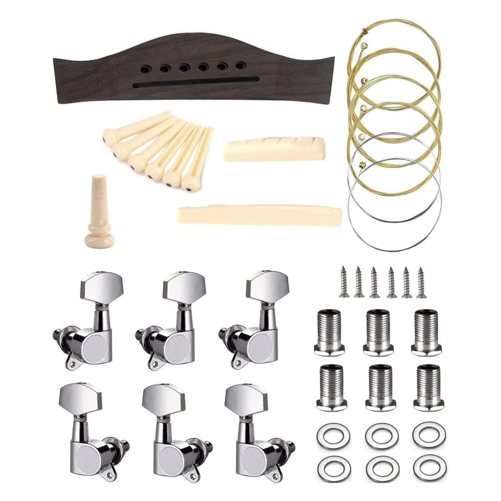 Guitar Parts Accessories Set Guitar Rosewood Bridge Pins Saddle Nut Tuning Pegs (3 Left + 3 Right) 6 String Replacement for Acoustic Guitar Silver B