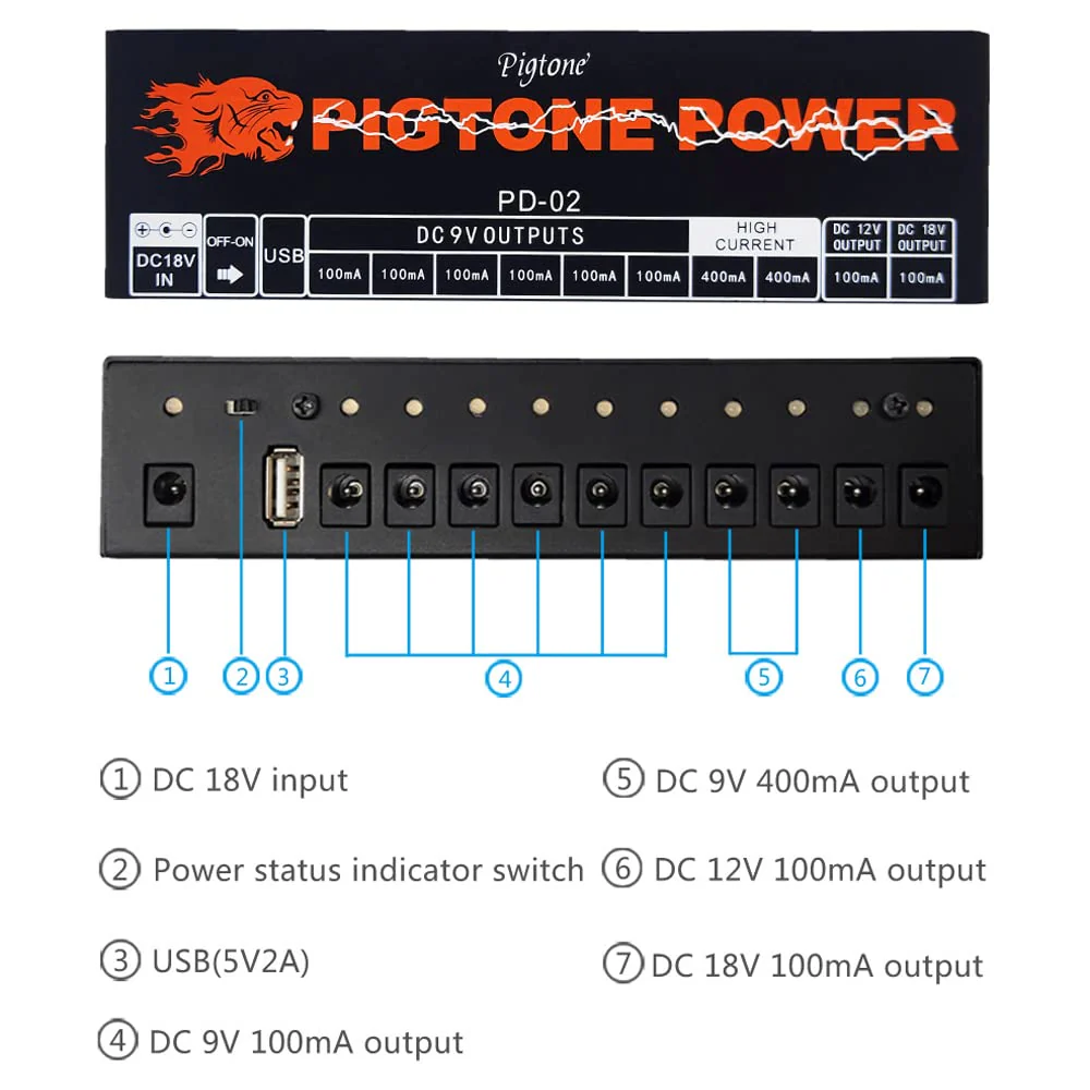 Guitar Pedal Power Supply 10 Isolated DC Outputs for 9V/12V/18V Effect Pedal with USB Port PD-02 - Image 2