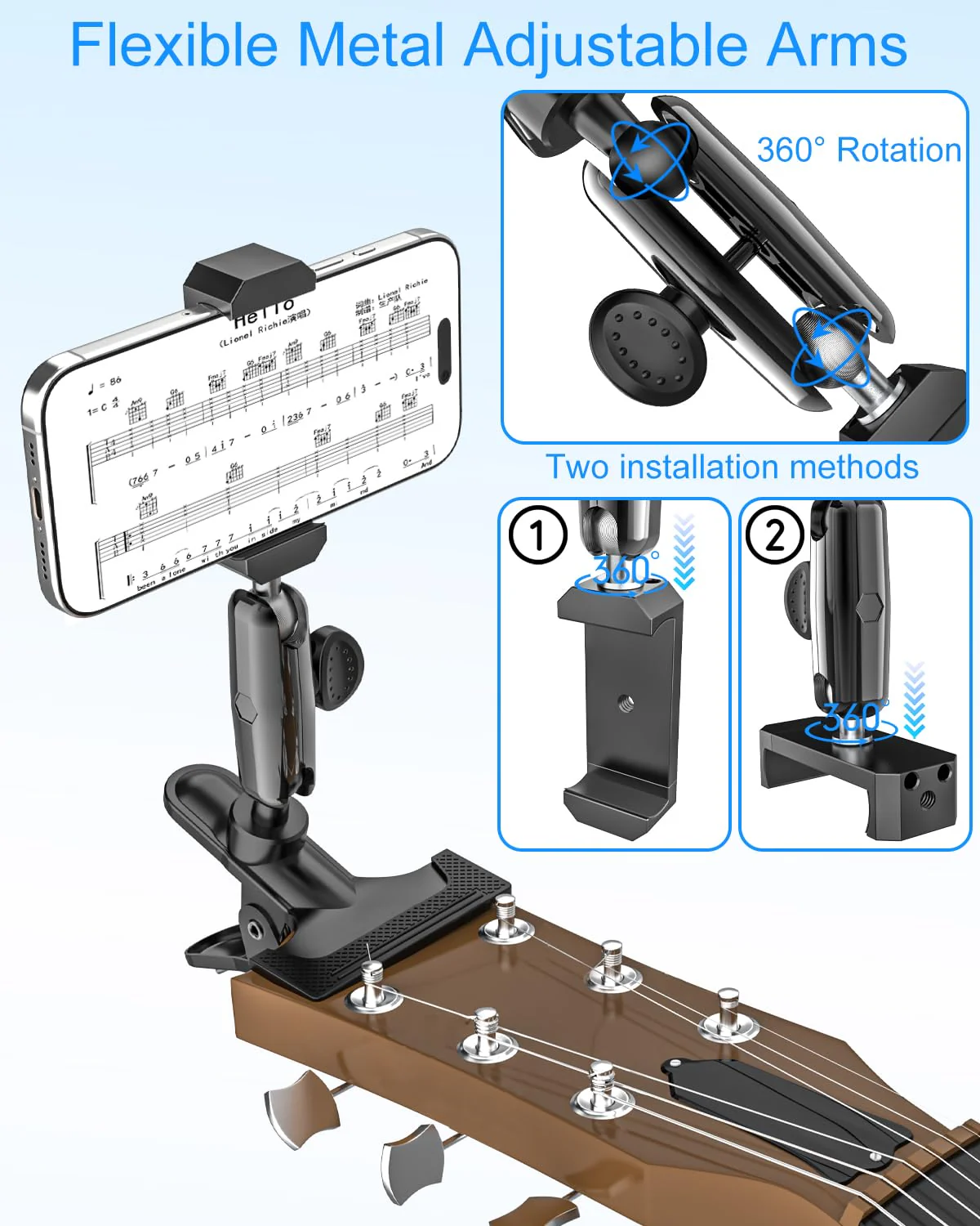 Guitar Phone Holder, [Strong Metal Clip] Guitar Phone Mount for Electric Guitar, Ukulele, Bass, Mandolin, Banjo, Sitar, Compatible with iPhone 16 Pro Max, Galaxy and All 4-7" Smartphone - Image 4