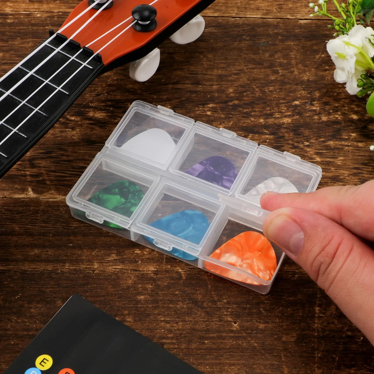 Guitar Pick Case, Clear 6-Grid Guitar Pick Holder Guitar Pick Storage Box 60 Capacity Guitar Pick Display Case for Guitar Players Lovers, Only Storage Box - Image 3