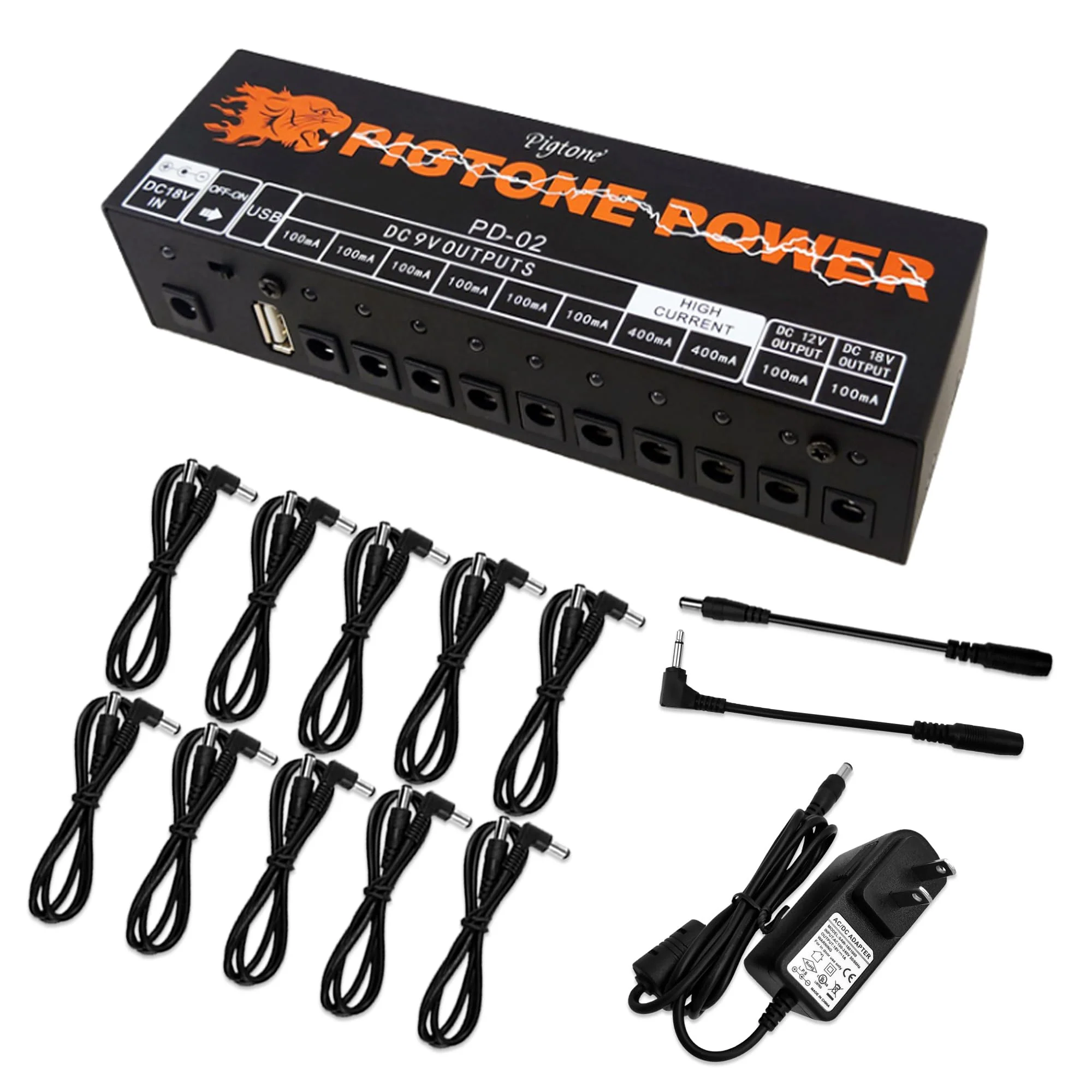 Guitar Power Supply 10 Isolated DC Output for 9V/12V/18V Effect Pedal PD-02 with USB (5V2A)