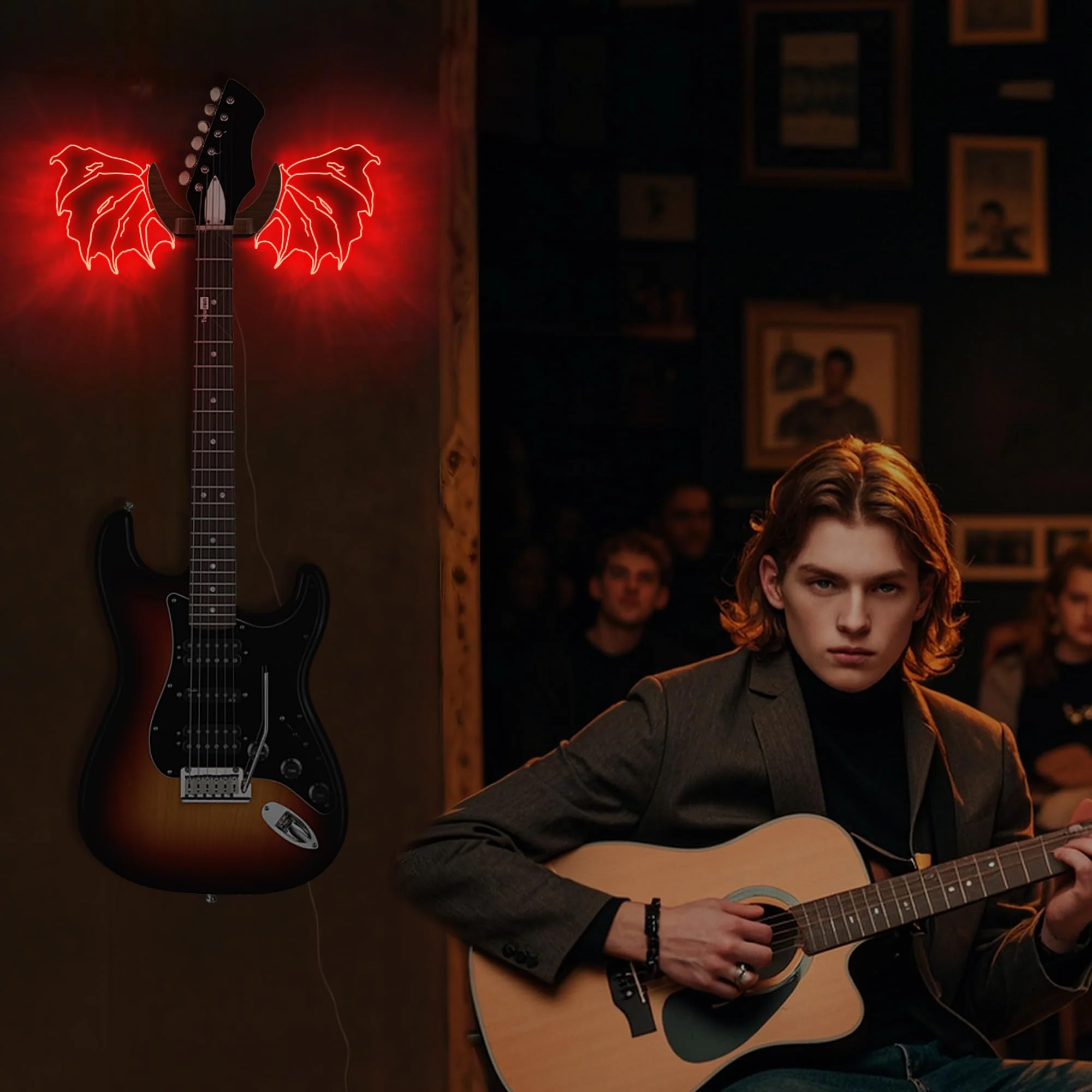 Guitar Stand Wall Mount with Luminous Devil Wings, Acrylic Wooden Guitar Hanger Shelf with USB Powered, for Acoustic Electric Bass Ukulele, Gift for Music Lovers Guitar Players Red devil - Image 2