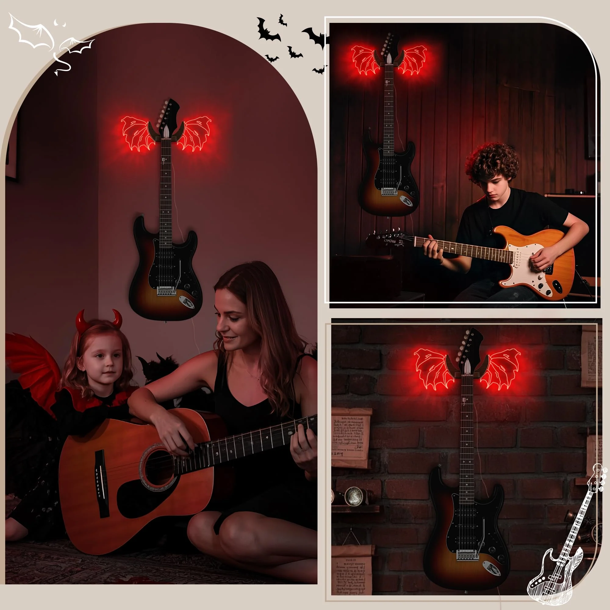 Guitar Stand Wall Mount with Luminous Devil Wings, Acrylic Wooden Guitar Hanger Shelf with USB Powered, for Acoustic Electric Bass Ukulele, Gift for Music Lovers Guitar Players Red devil - Image 3