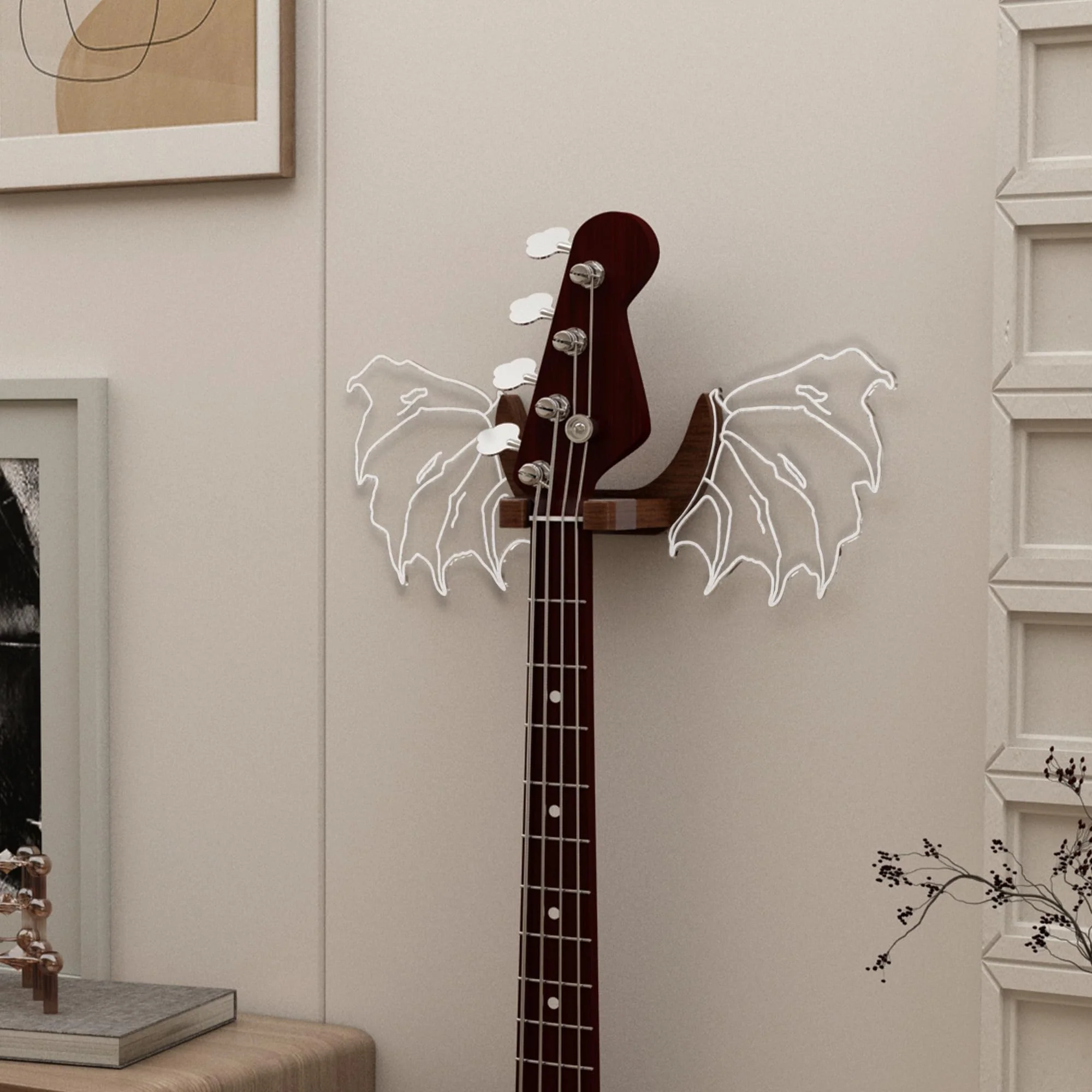 Guitar Stand Wall Mount with Luminous Devil Wings, Acrylic Wooden Guitar Hanger Shelf with USB Powered, for Acoustic Electric Bass Ukulele, Gift for Music Lovers Guitar Players Red devil - Image 4