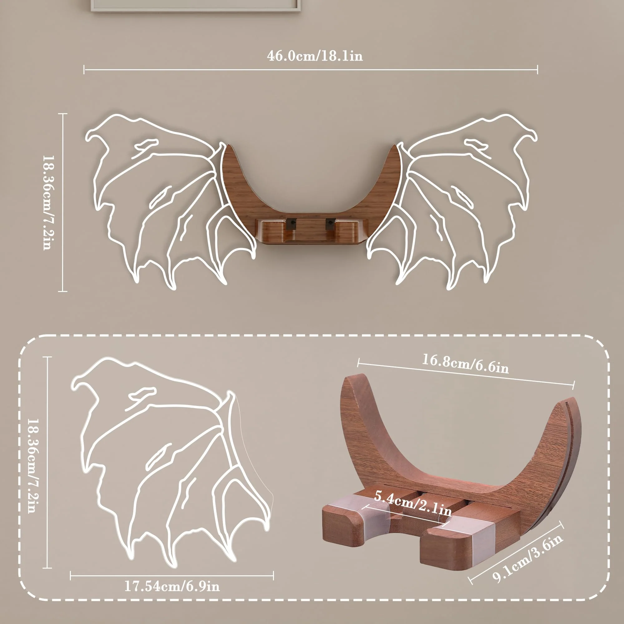 Guitar Stand Wall Mount with Luminous Devil Wings, Acrylic Wooden Guitar Hanger Shelf with USB Powered, for Acoustic Electric Bass Ukulele, Gift for Music Lovers Guitar Players Red devil - Image 6