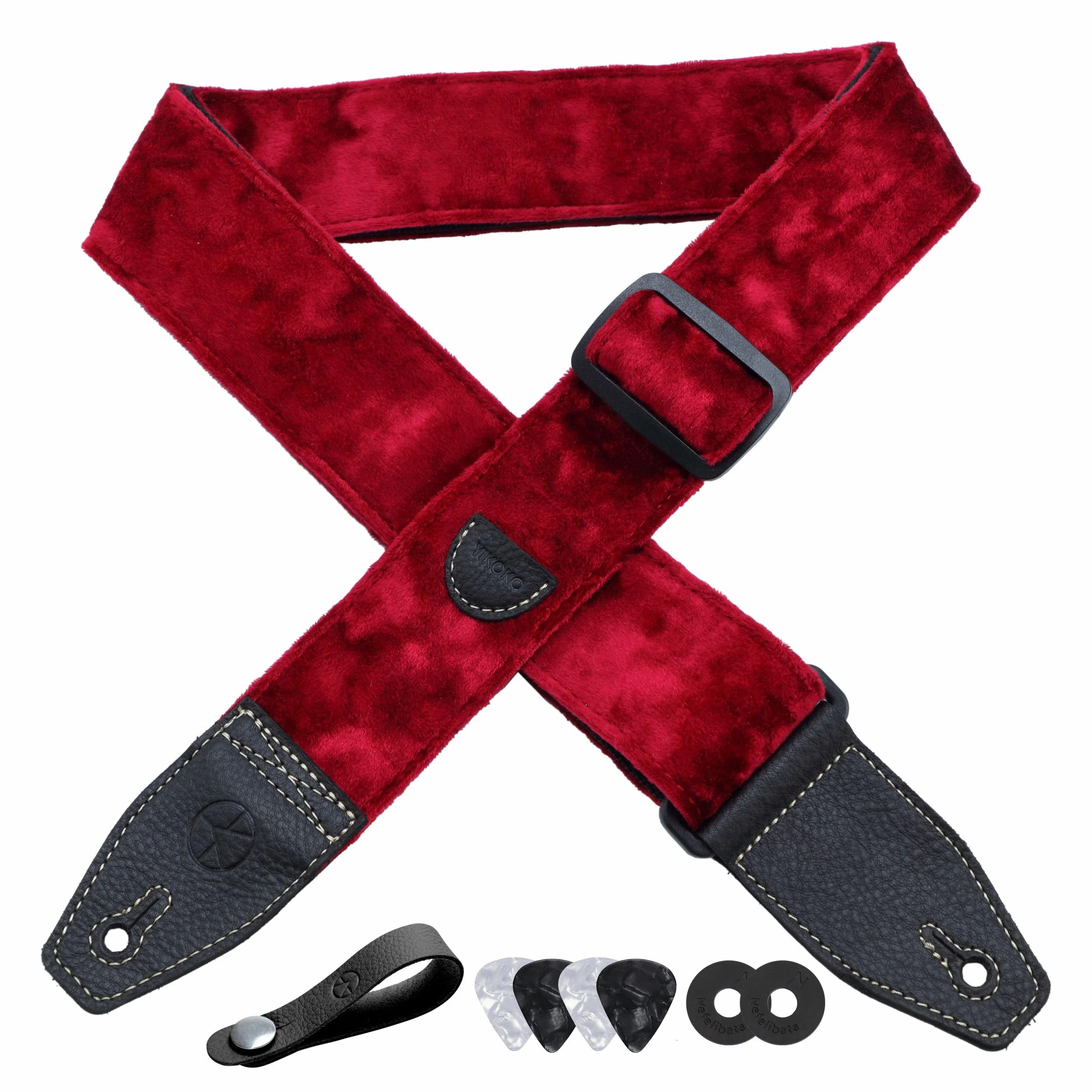 Guitar Strap 2 inch Velvet Guitar Straps with Full Grain Leather End, for Bass Electric and Acoustic Guitars, Free Strap Button, 2 Strap Locks and 4 Guitar Picks Red