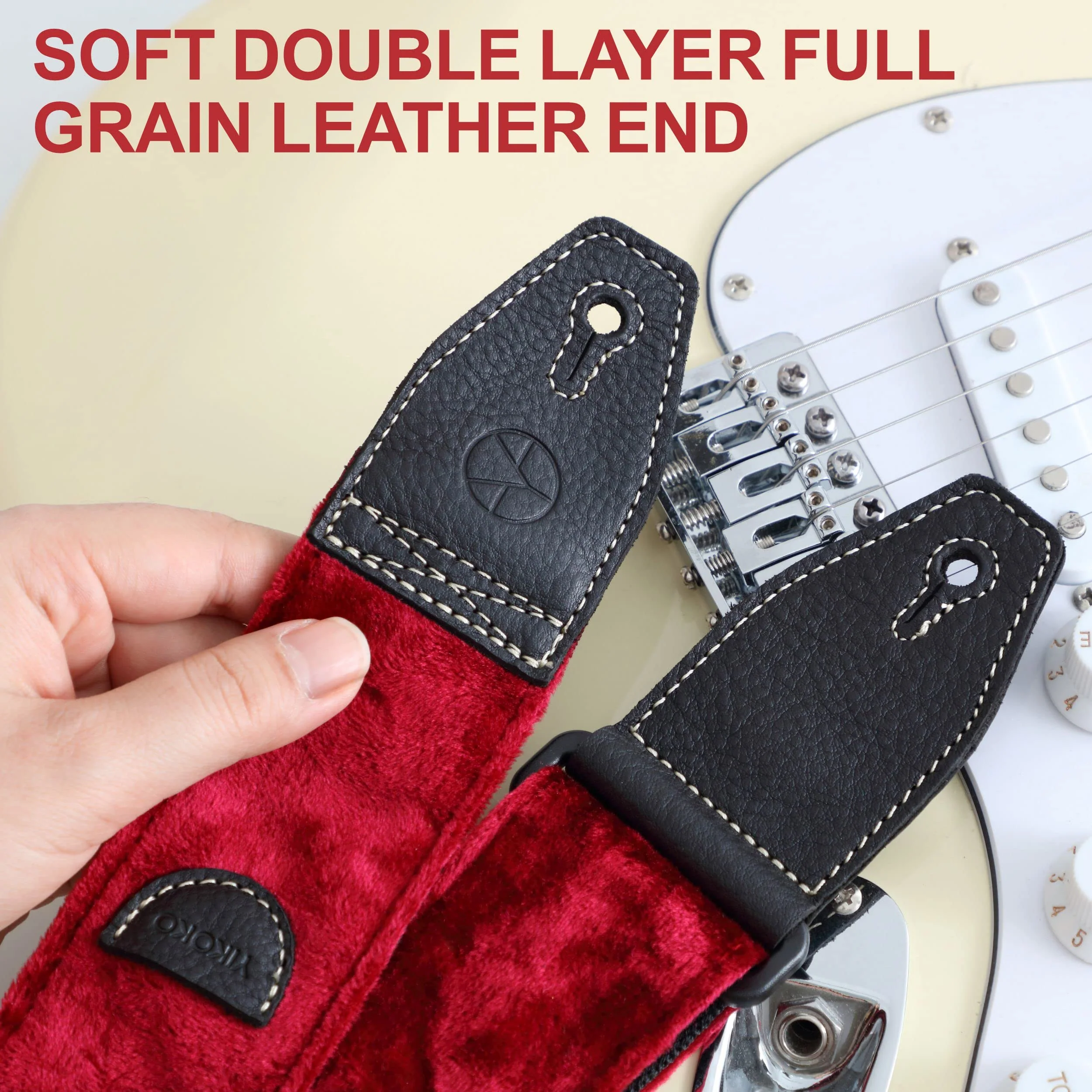 Guitar Strap 2 inch Velvet Guitar Straps with Full Grain Leather End, for Bass Electric and Acoustic Guitars, Free Strap Button, 2 Strap Locks and 4 Guitar Picks Red - Image 2