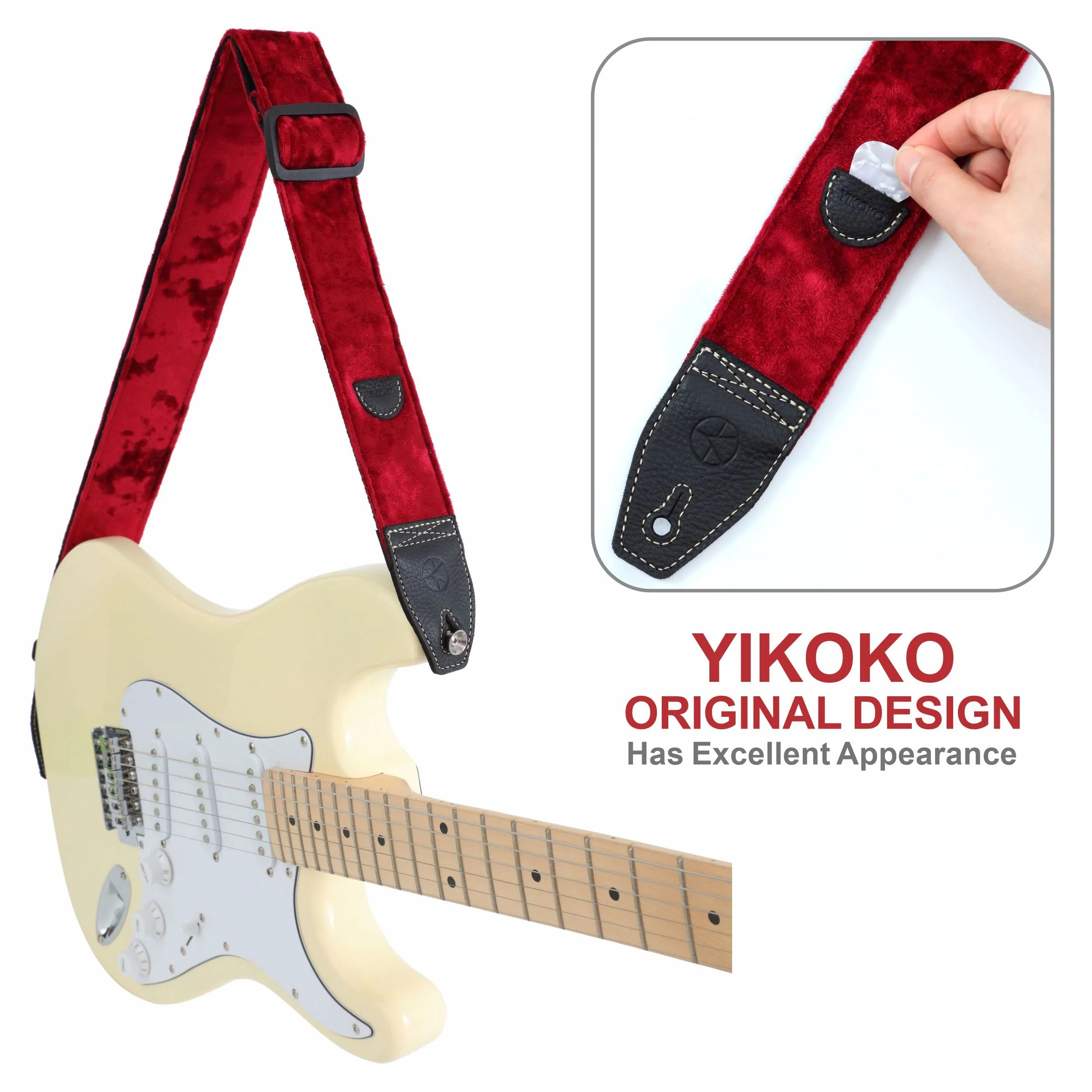 Guitar Strap 2 inch Velvet Guitar Straps with Full Grain Leather End, for Bass Electric and Acoustic Guitars, Free Strap Button, 2 Strap Locks and 4 Guitar Picks Red - Image 3
