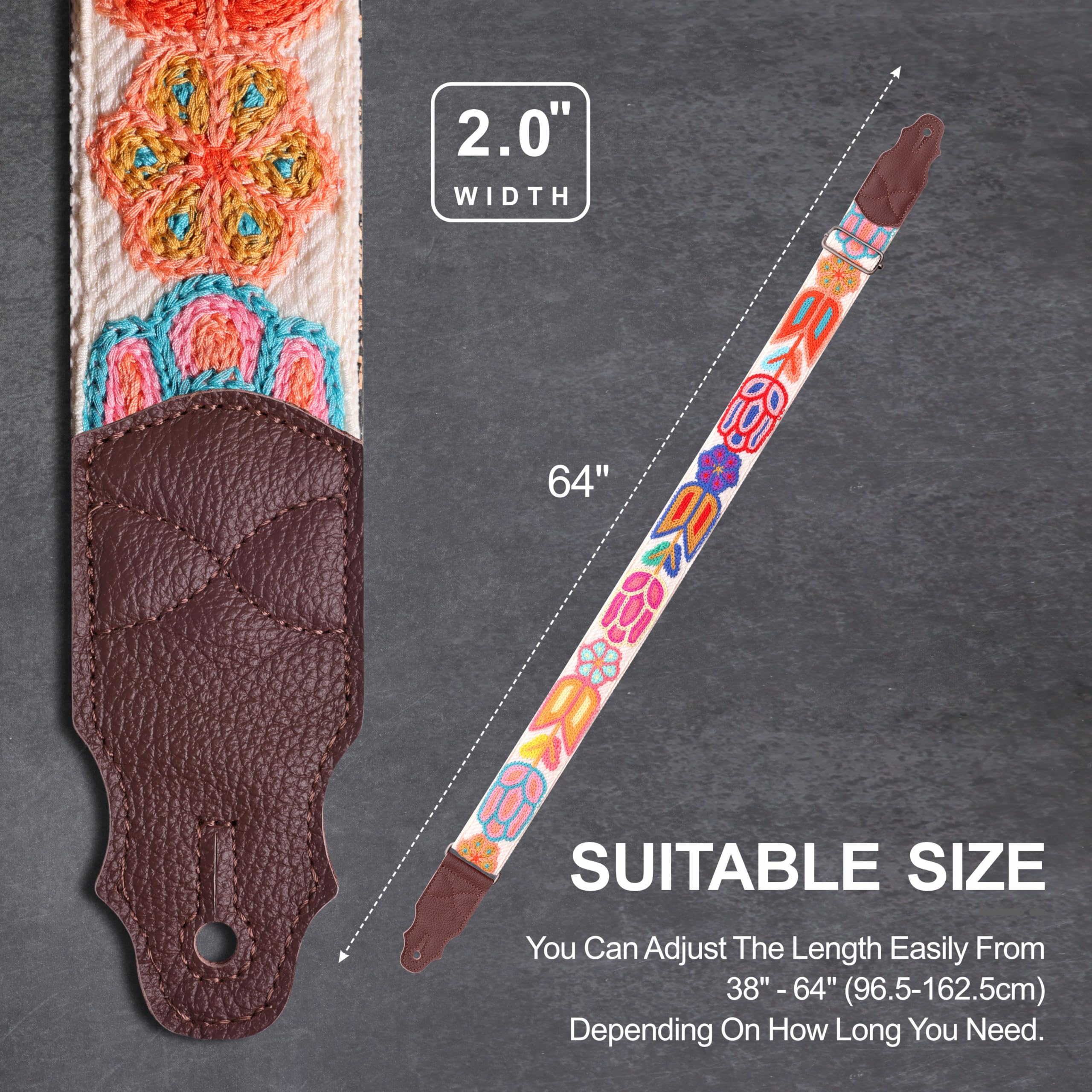 Guitar Strap 2", Soft Woolen Knit, Cowhide Leather End, for Acoustic and Bass Electric Guitars, Free Button, 2 Strap Locks and 4 Guitar Picks Animated Flower-1 - Image 6
