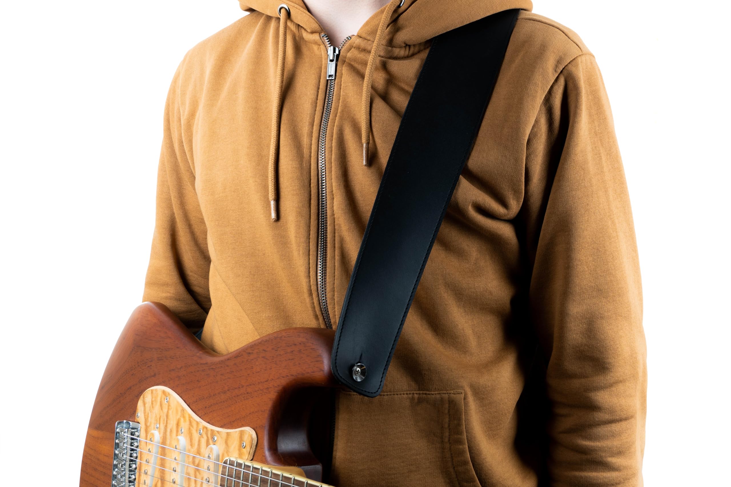 GUITAR STRAP Classsic Natural leather Adjustable length for Acoustic, Electric, Bass Guitars. Gift for Guitar Player. Release shoulder and neck tension (Black) Black - Image 9
