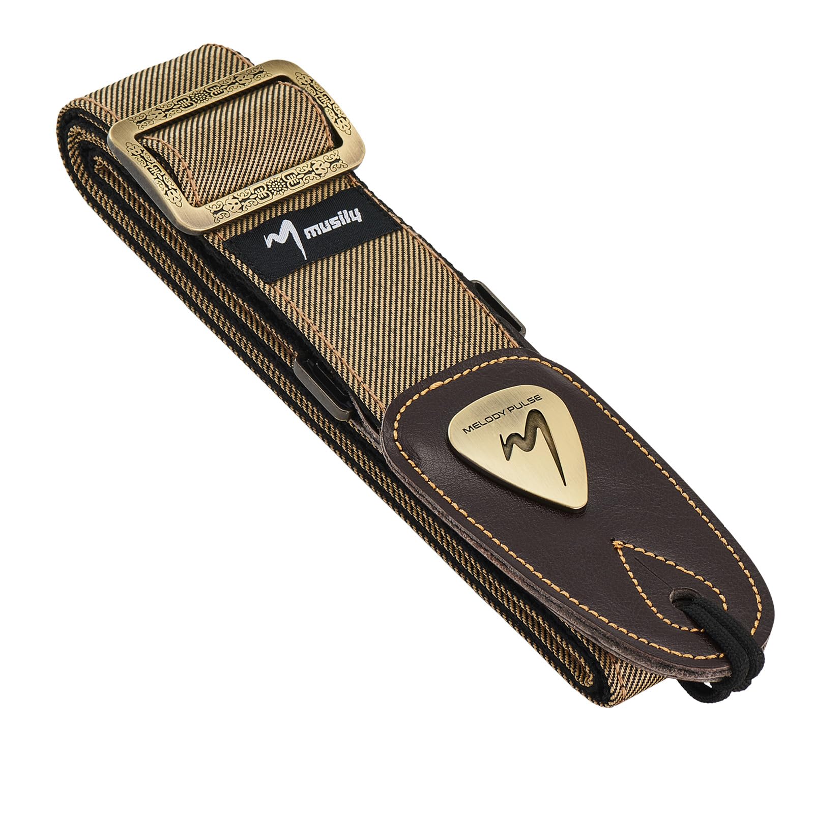 Guitar Strap, Discover Unrivaled Comfort with Premium Denim & Cotton for Bass, Acoustic & Electric Guitars - Durable Double-Layer Leather Ends & Eye-Catching Metal Embossed Logo! (Khaki) Khaki