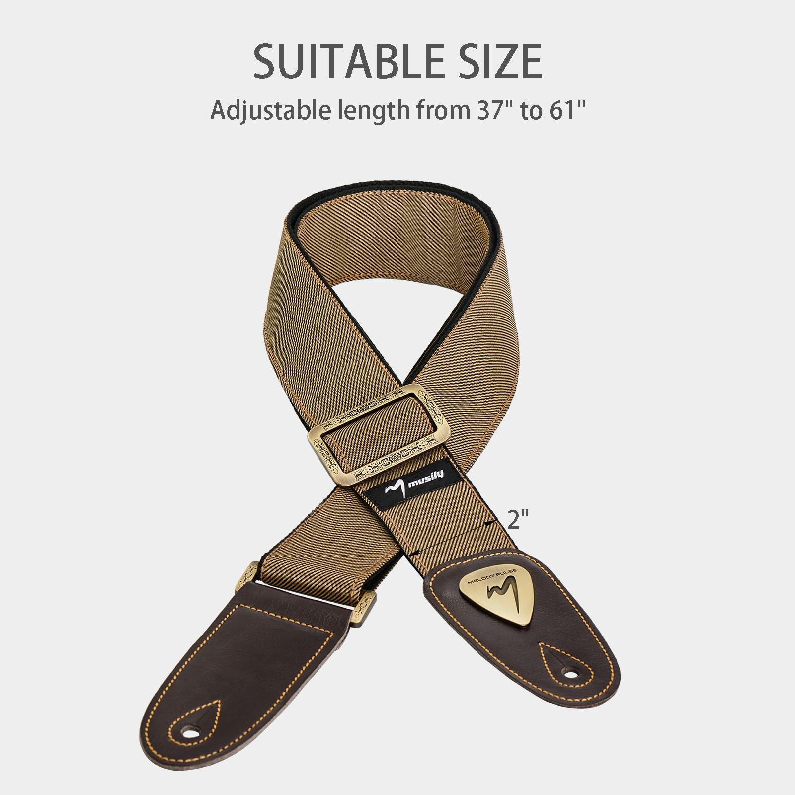 Guitar Strap, Discover Unrivaled Comfort with Premium Denim & Cotton for Bass, Acoustic & Electric Guitars - Durable Double-Layer Leather Ends & Eye-Catching Metal Embossed Logo! (Khaki) Khaki - Image 3