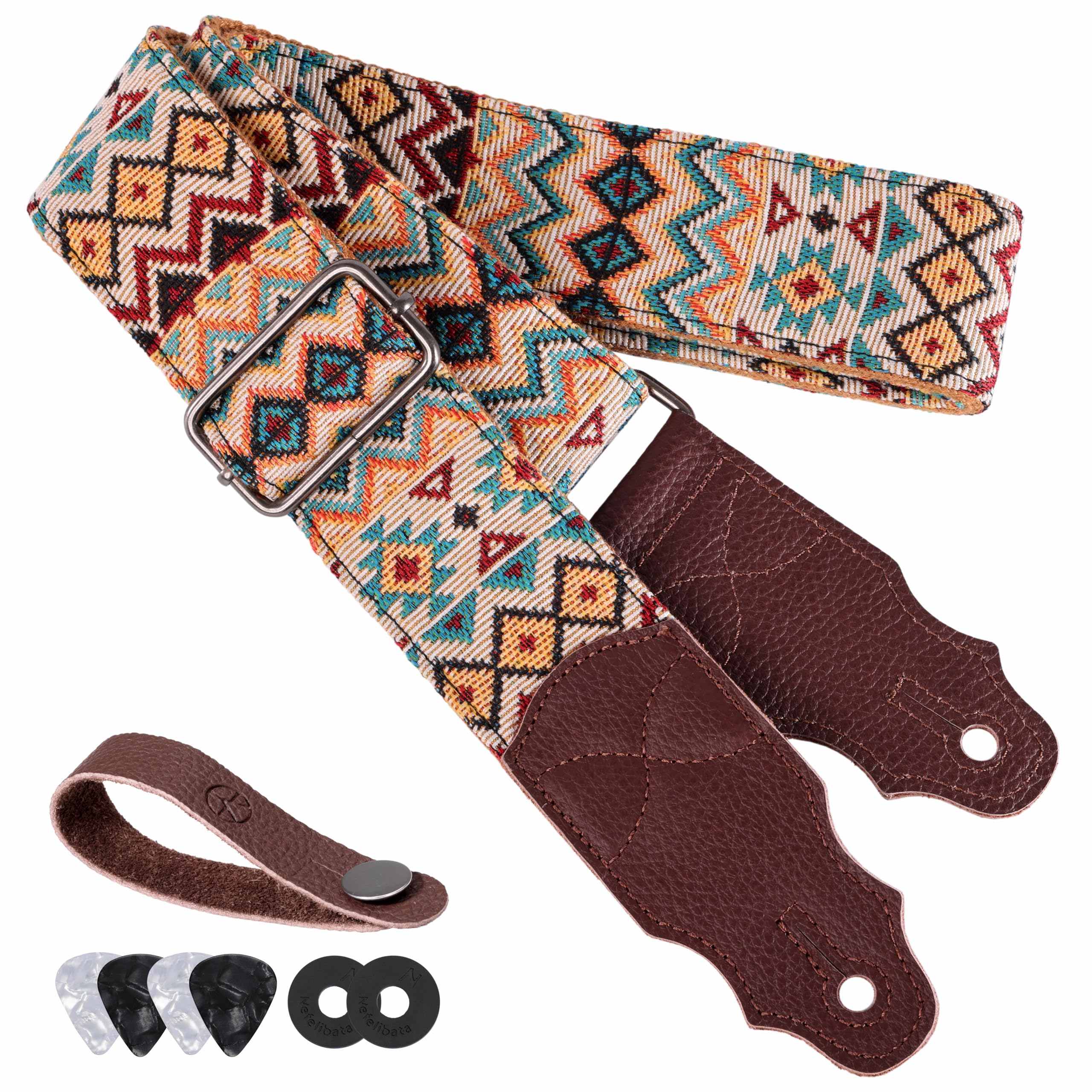 Guitar Strap, Head Layer Cowhide Leather End, 2 Inches Wide, for Acoustic and Bass Electric Guitars, Free Button, 2 Strap Locks and 4 Guitar Picks Light Boho
