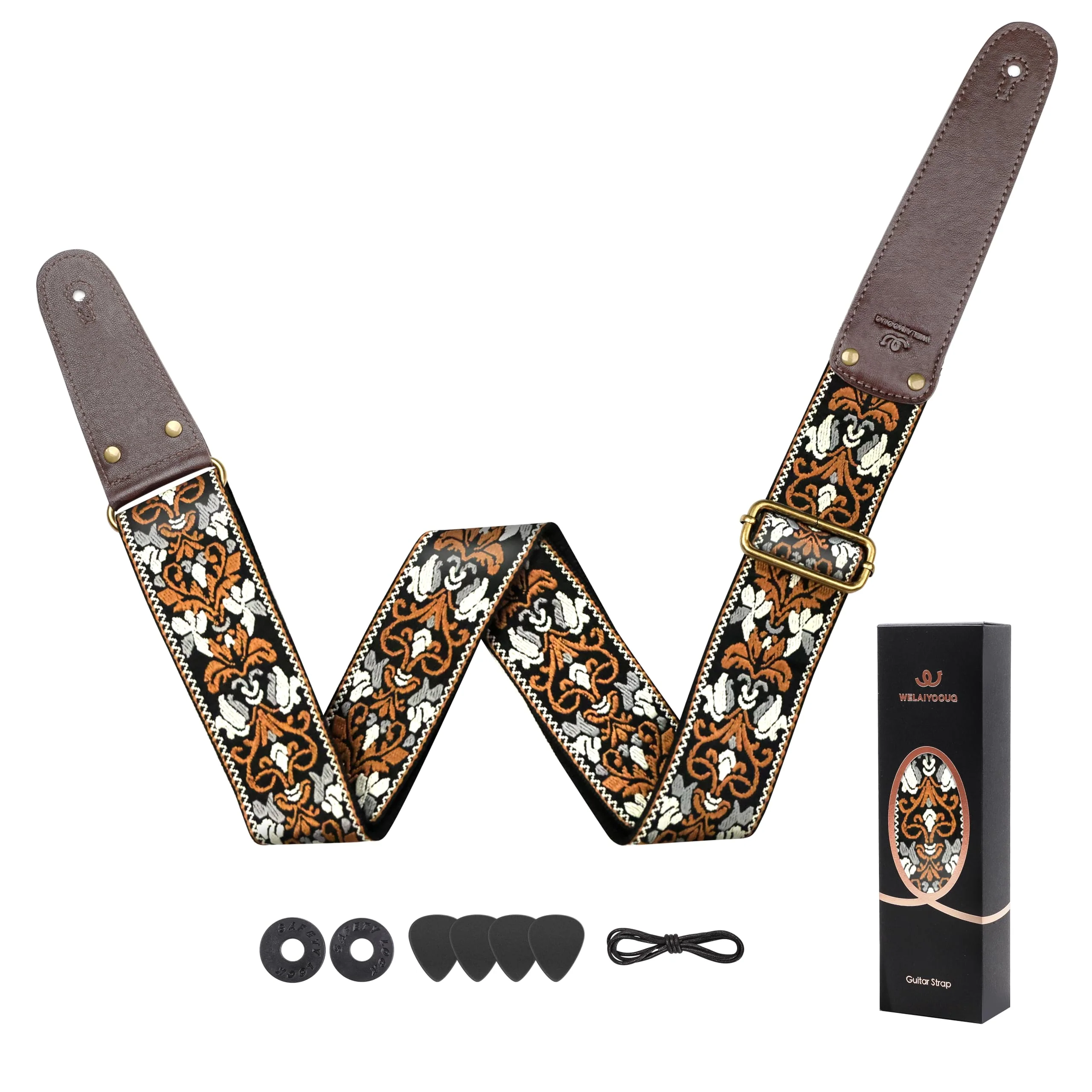 Guitar Strap, Jacquard Embroidered Cotton Guitar Straps with Double Sided Vegetable Tanned Cowhide Leather Ends for Bass, Electro Acoustic, Great Gift for Kids and Guitarists Brown Jacquard Lotus pattern jacquard in brown Adjustable 38-63 inches