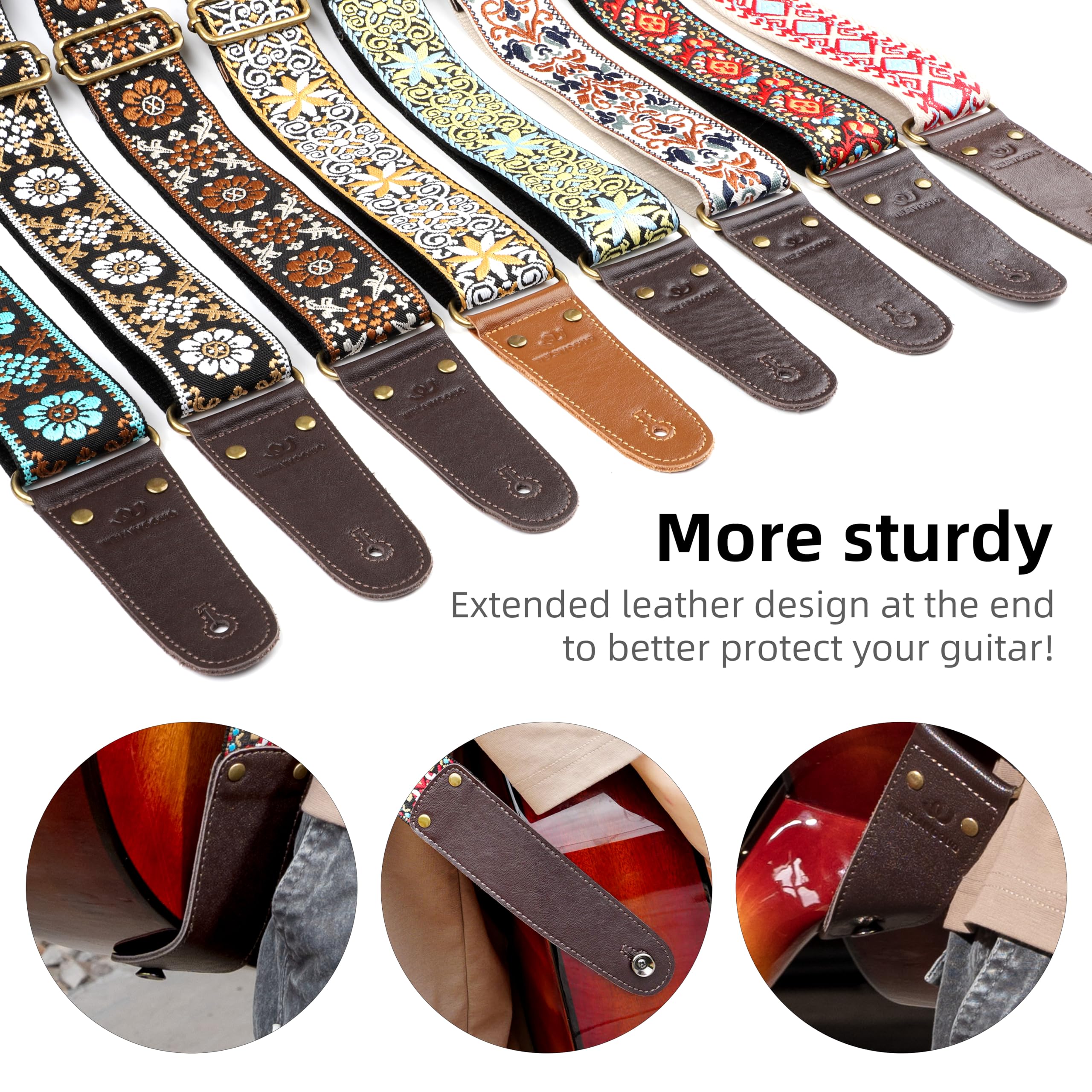 Guitar Strap, Jacquard Embroidered Cotton Guitar Straps with Double Sided Vegetable Tanned Cowhide Leather Ends for Bass, Electro Acoustic, Great Gift for Kids and Guitarists Brown Jacquard Lotus pattern jacquard in brown Adjustable 38-63 inches - Image 7