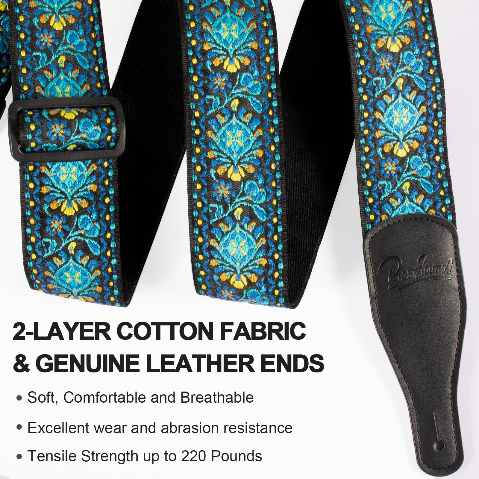 Guitar Strap, Jacquard Embroidered Cotton Straps with Genuine Leather Ends Shoulder Strap for Bass, Acoustic, Electric Guitar Retro Teal - Image 2