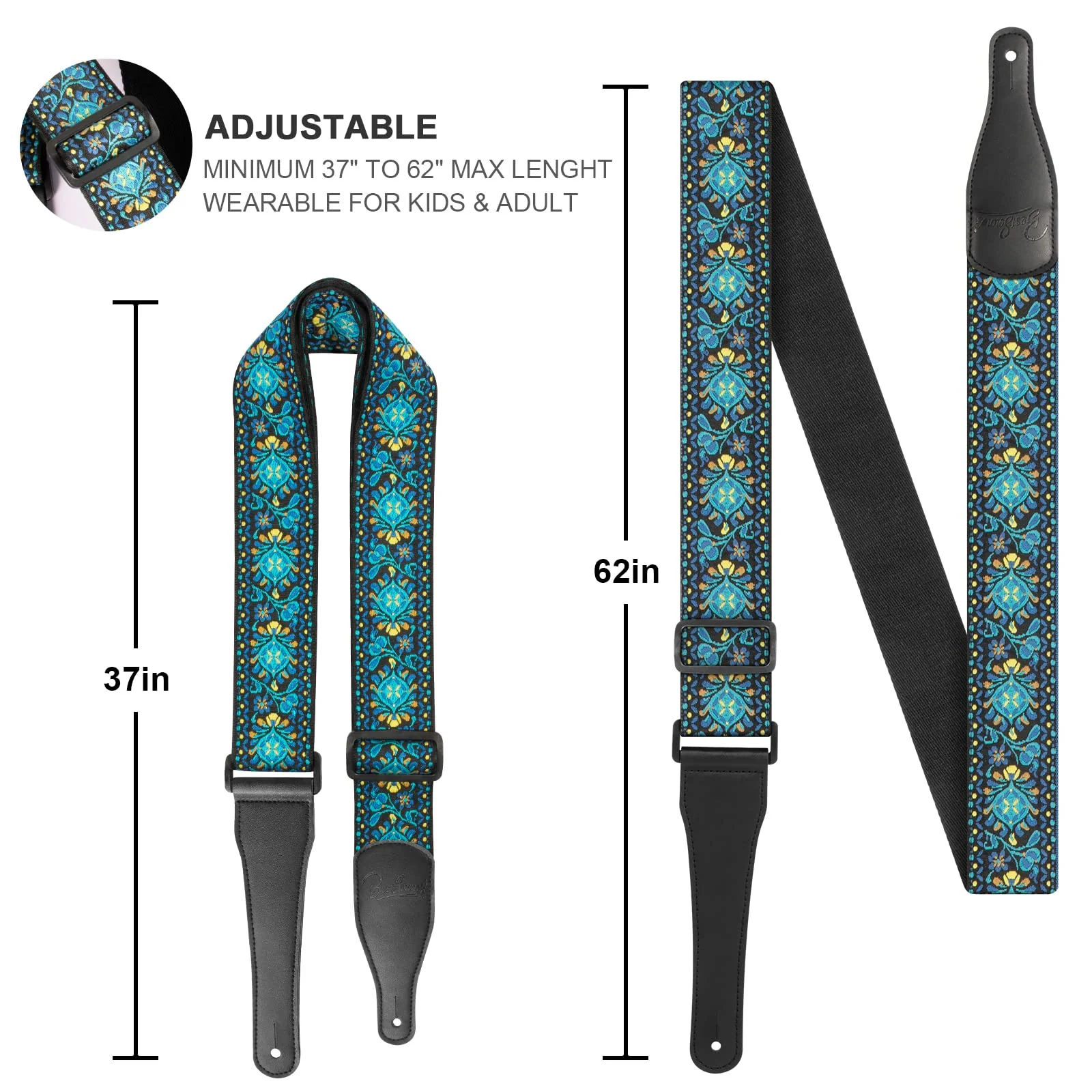 Guitar Strap, Jacquard Embroidered Cotton Straps with Genuine Leather Ends Shoulder Strap for Bass, Acoustic, Electric Guitar Retro Teal - Image 3