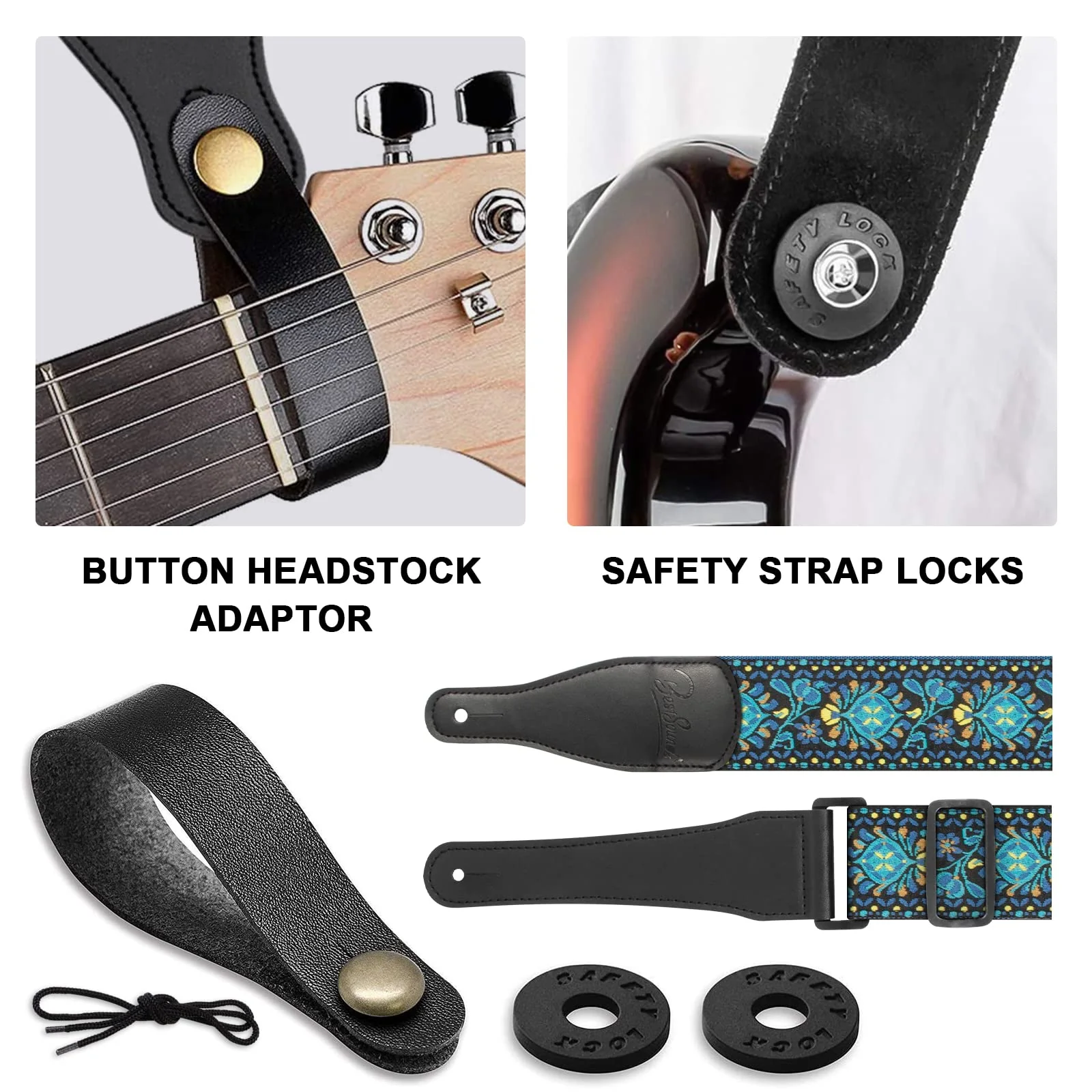 Guitar Strap, Jacquard Embroidered Cotton Straps with Genuine Leather Ends Shoulder Strap for Bass, Acoustic, Electric Guitar Retro Teal - Image 4