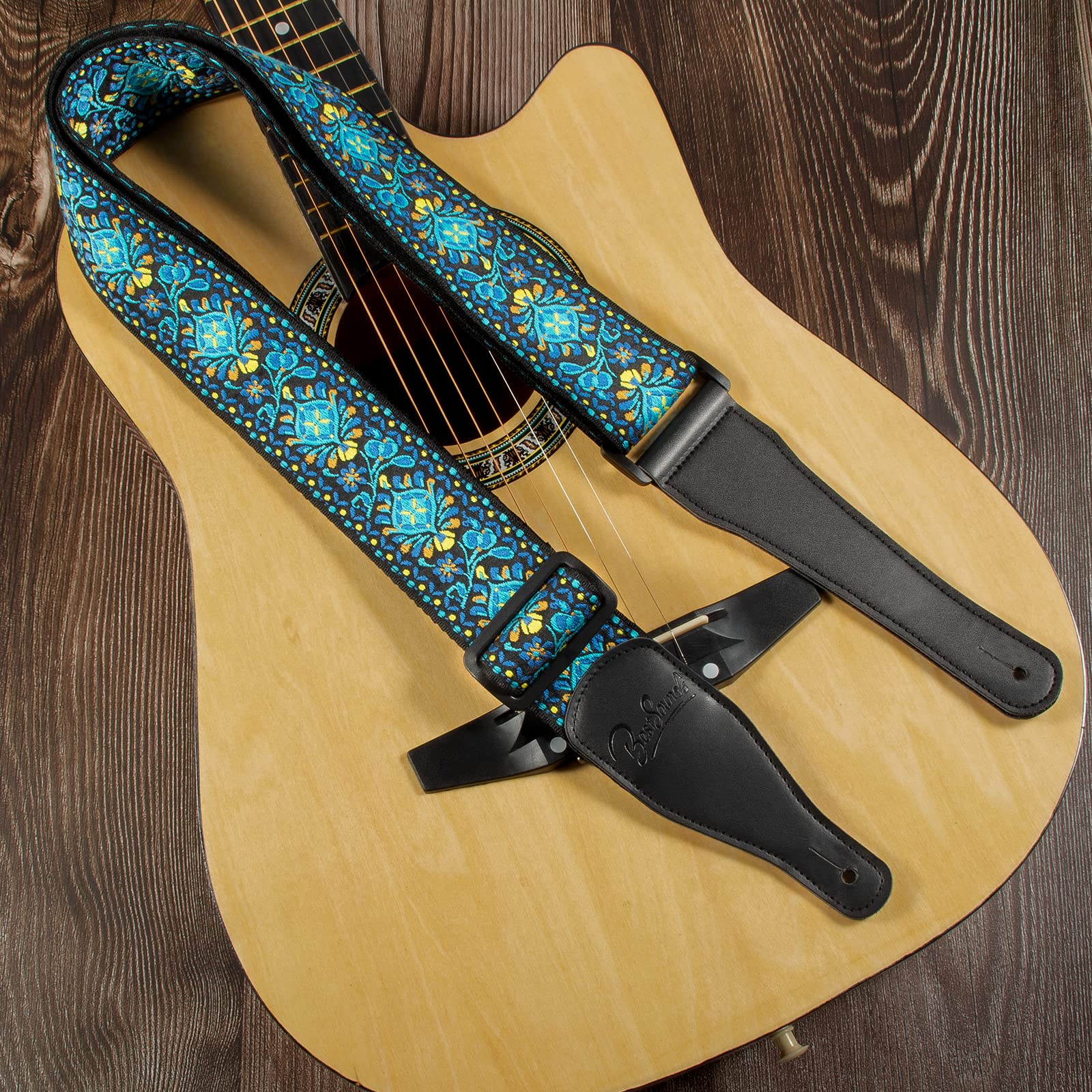 Guitar Strap, Jacquard Embroidered Cotton Straps with Genuine Leather Ends Shoulder Strap for Bass, Acoustic, Electric Guitar Retro Teal - Image 5