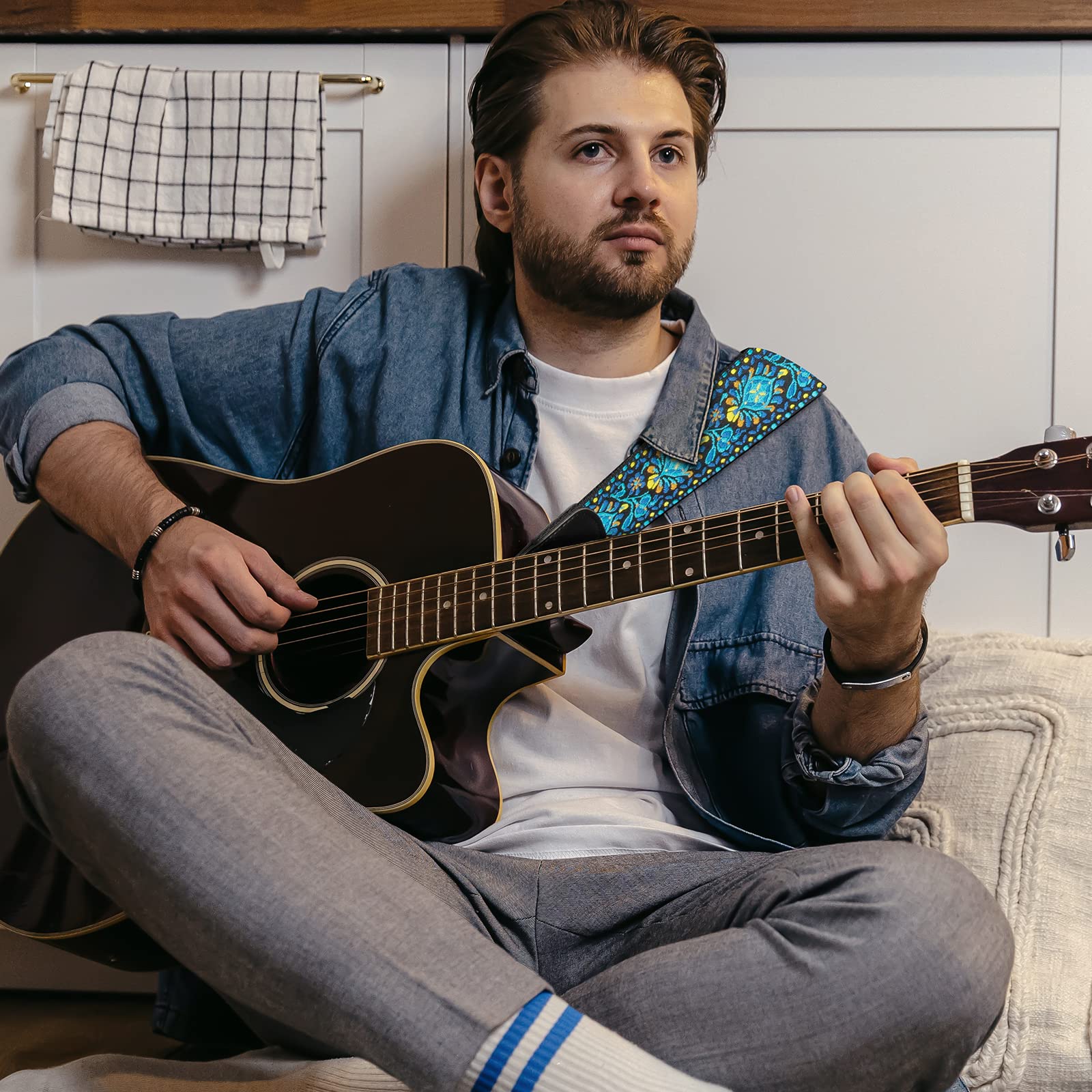 Guitar Strap, Jacquard Embroidered Cotton Straps with Genuine Leather Ends Shoulder Strap for Bass, Acoustic, Electric Guitar Retro Teal - Image 6