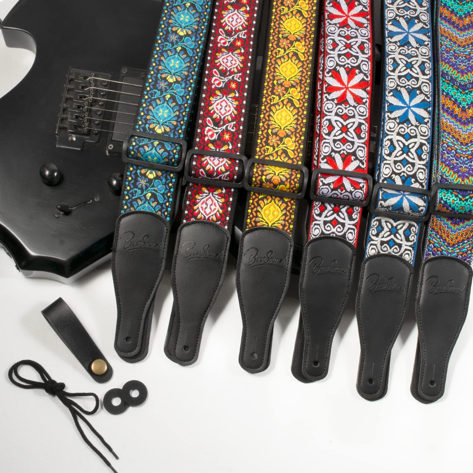 Guitar Strap, Jacquard Embroidered Cotton Straps with Genuine Leather Ends Shoulder Strap for Bass, Acoustic, Electric Guitar Retro Teal - Image 7