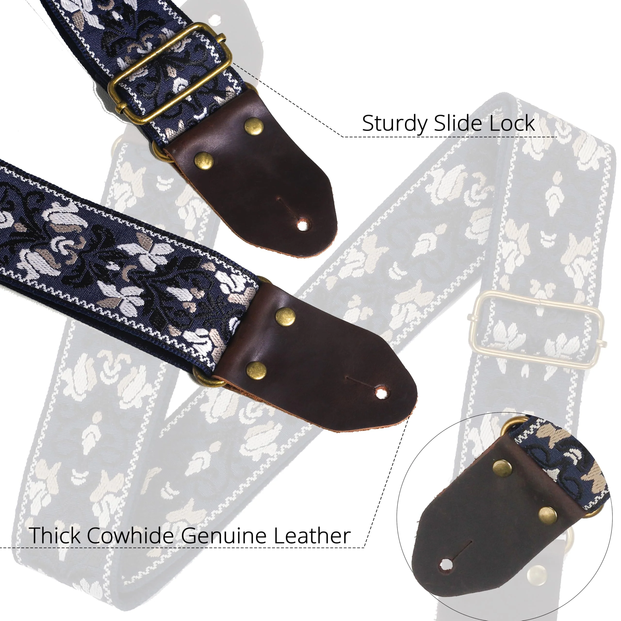 Guitar Strap,Jacquard Embroidery Cotton Guitar Straps with Crazy Horse Leather Ends for Bass, Electric & Acoustic Blue - Image 3