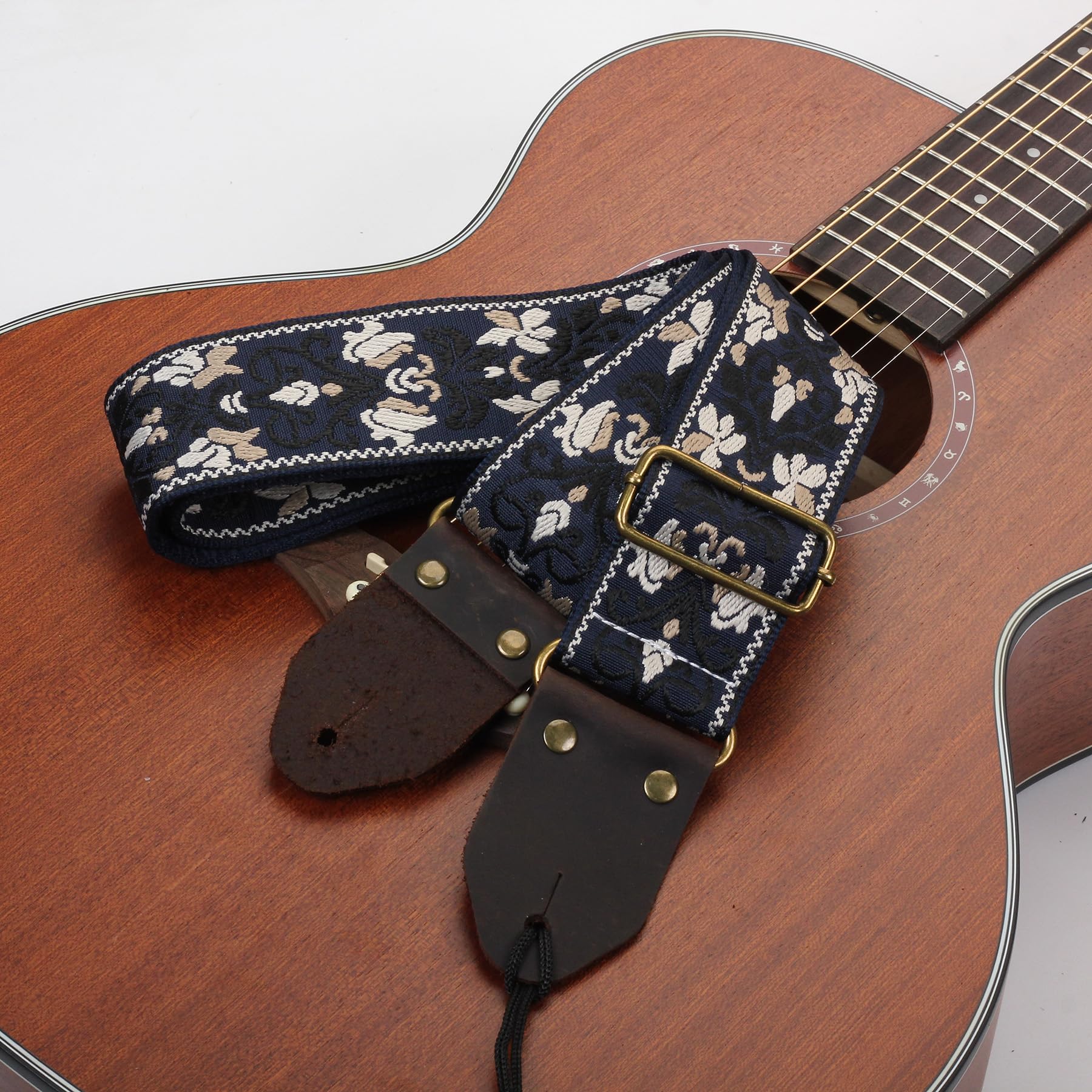 Guitar Strap,Jacquard Embroidery Cotton Guitar Straps with Crazy Horse Leather Ends for Bass, Electric & Acoustic Blue - Image 8