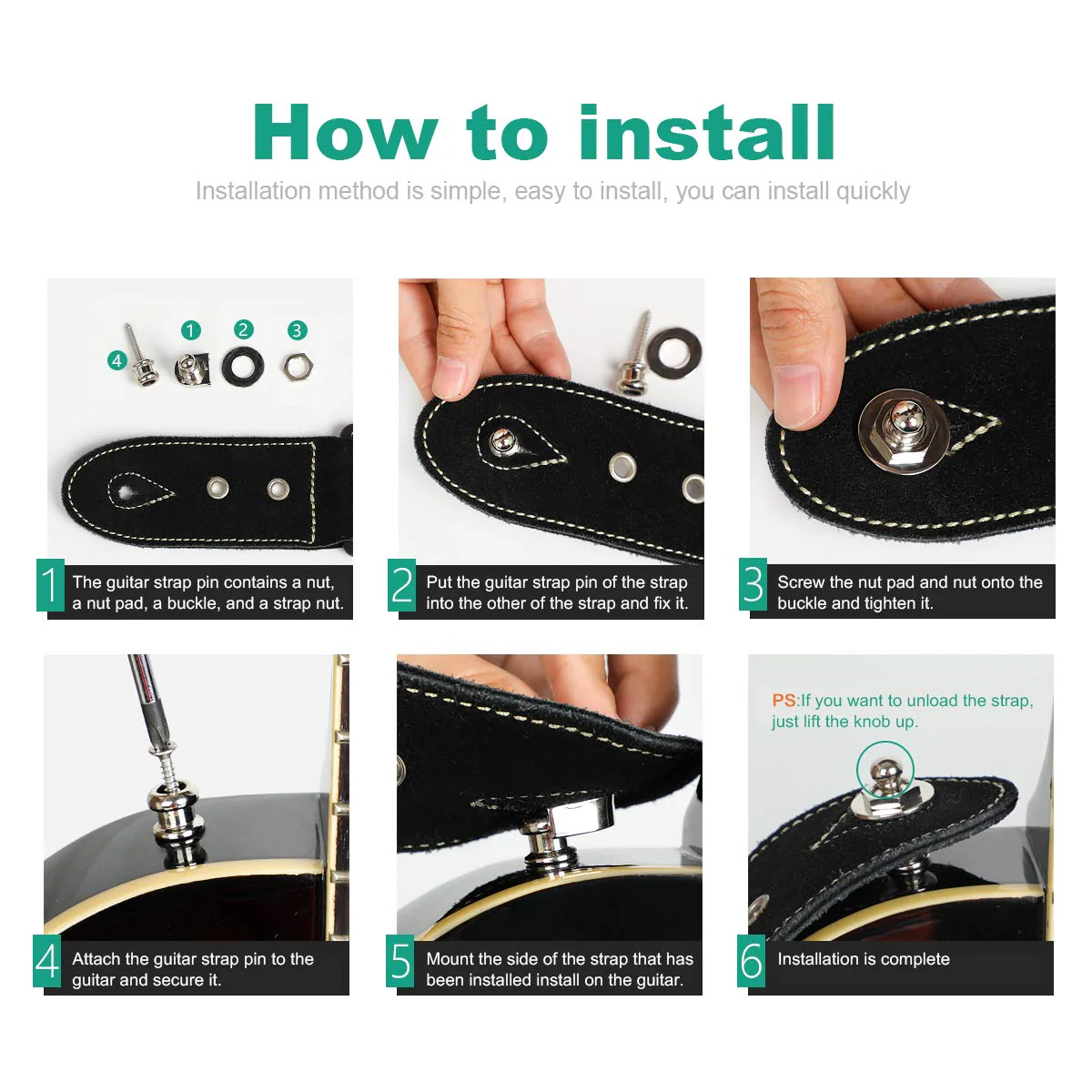 Guitar Strap Locks, Dreokee 2 PCS Silver Guitar Strap Lock Buttons Guitar Strap Locks Set Security Quick Release Strap lock Retainer System Guitar Strap Lock Schaller for Electric,Bass,Acoustic Guitar - Image 3