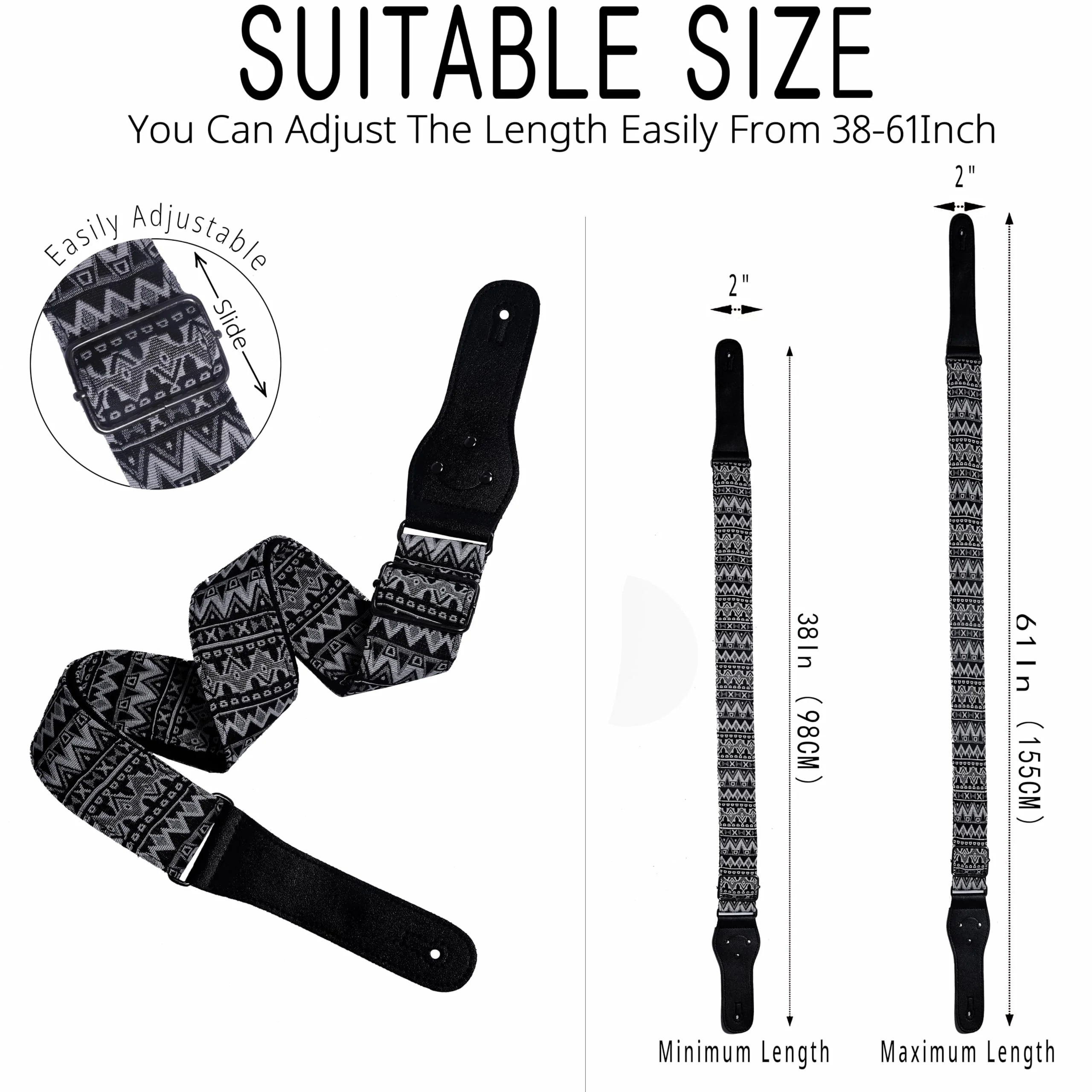 Guitar Strap,Vintage Woven Cotton Guitar Straps With Genuine Leather Ends for Bass,Electric & Acoustic Guitars Includes Strap Button,Strap Locks And Guitar Picks - Image 2