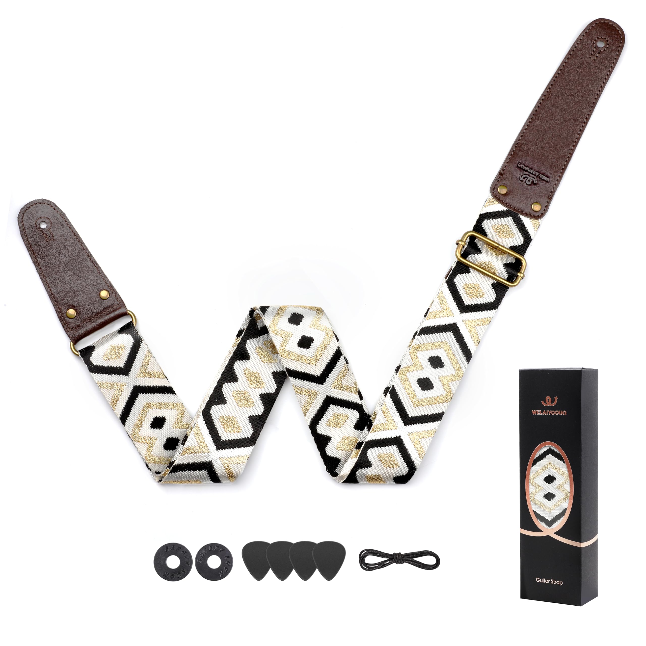 Guitar Strap, Woven Guitar Straps with Double Vegetable-Tanned Cowhide Leather Ends for Bass Guitar, Electro Acoustic Guitar, Gift for Kids and Guitarists (Black Gold) Black and gold geometric pattern Adjustable 38-63 inches